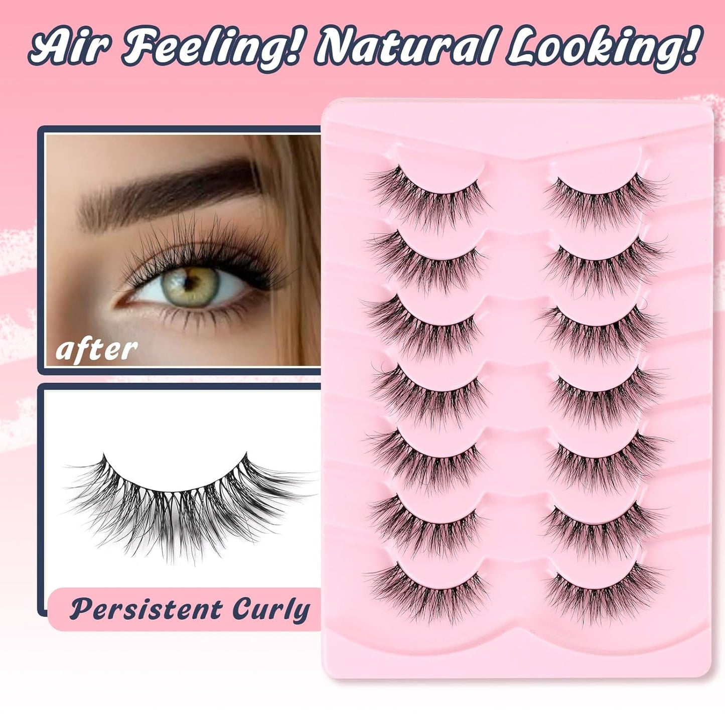 Natural Cat Eye Lashes Wispy Eyelashes 14mm Lightweight False Eyelashes 3D Volume Natural Strip Lashes 0.1mm Thin Cotton Band Lashes Pack C Curl Soft Lashes 7 Pairs Siligli