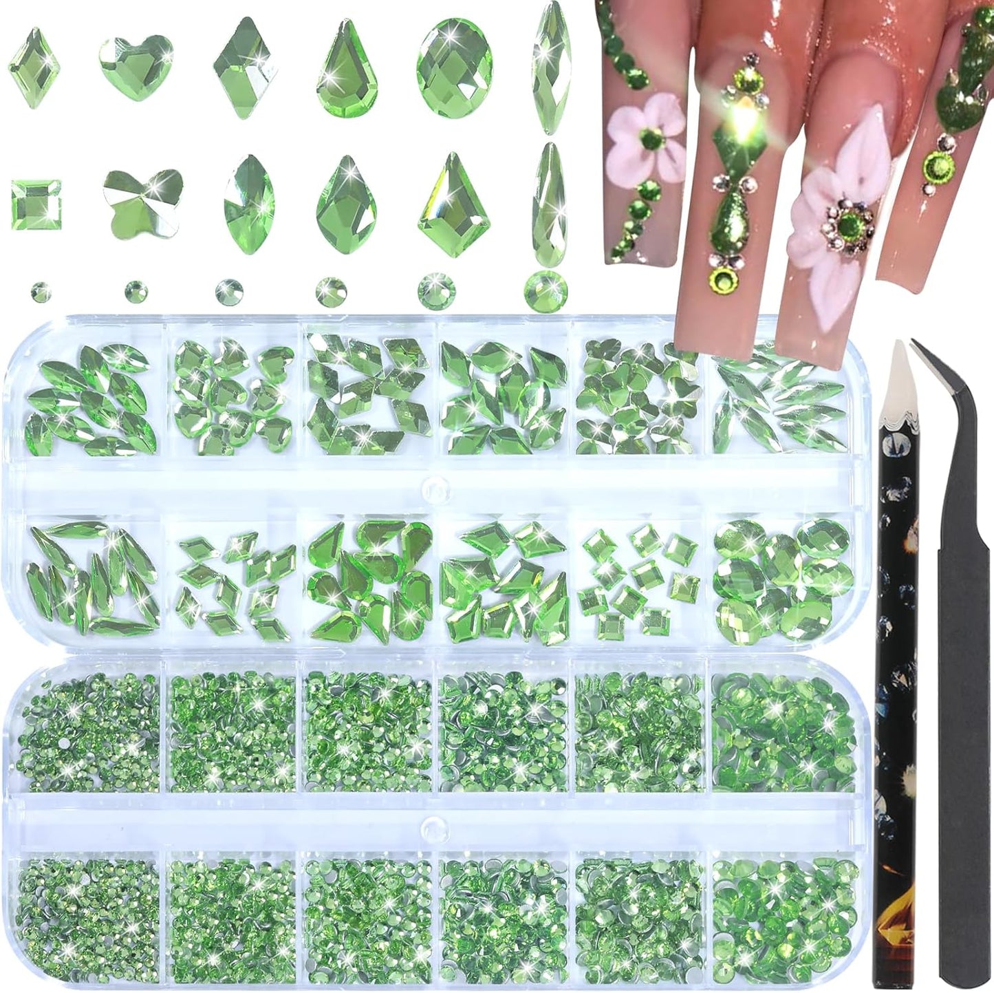 Nail Rhinestones - 3D Multi Shape Size, Flat Back, Manicure Rhinestones Charms, Crystal Light Green Gems, with Kit, for Nail Art, Bedazzling Acrylic Nails, DIY Decor