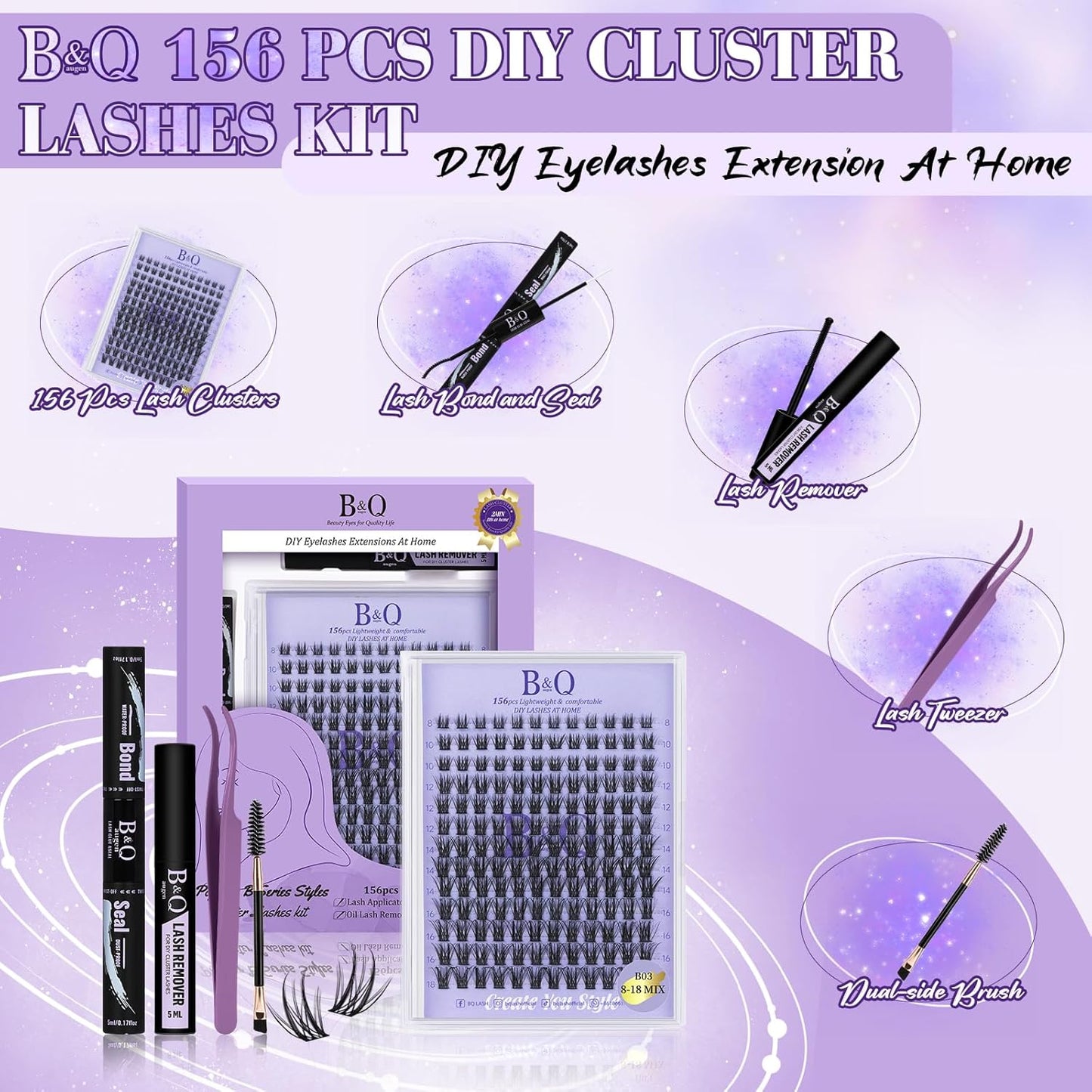 Lash Extension Kit B03 Eyelash Extension Kit B&Qaugen DIY Lash Extension Kit 156 PCS Lash Clusters 8-18mm Cluster Eyelash Extensions Kit with Lash Bond and Seal Lash Applicator Tool (Kit,B03)