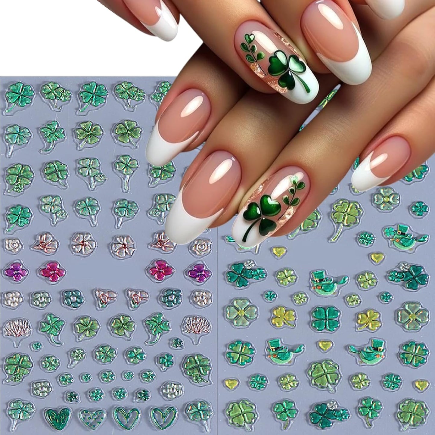 2 Sheets Irish Four-Leaf Clover Nail Art Stickers St. Patrick's 5D Self-Adhesive Embossed Green Shamrock Nail Decals Design Lucky of Irish Spring Leaf Nail Supplies for Women Nail Decoration