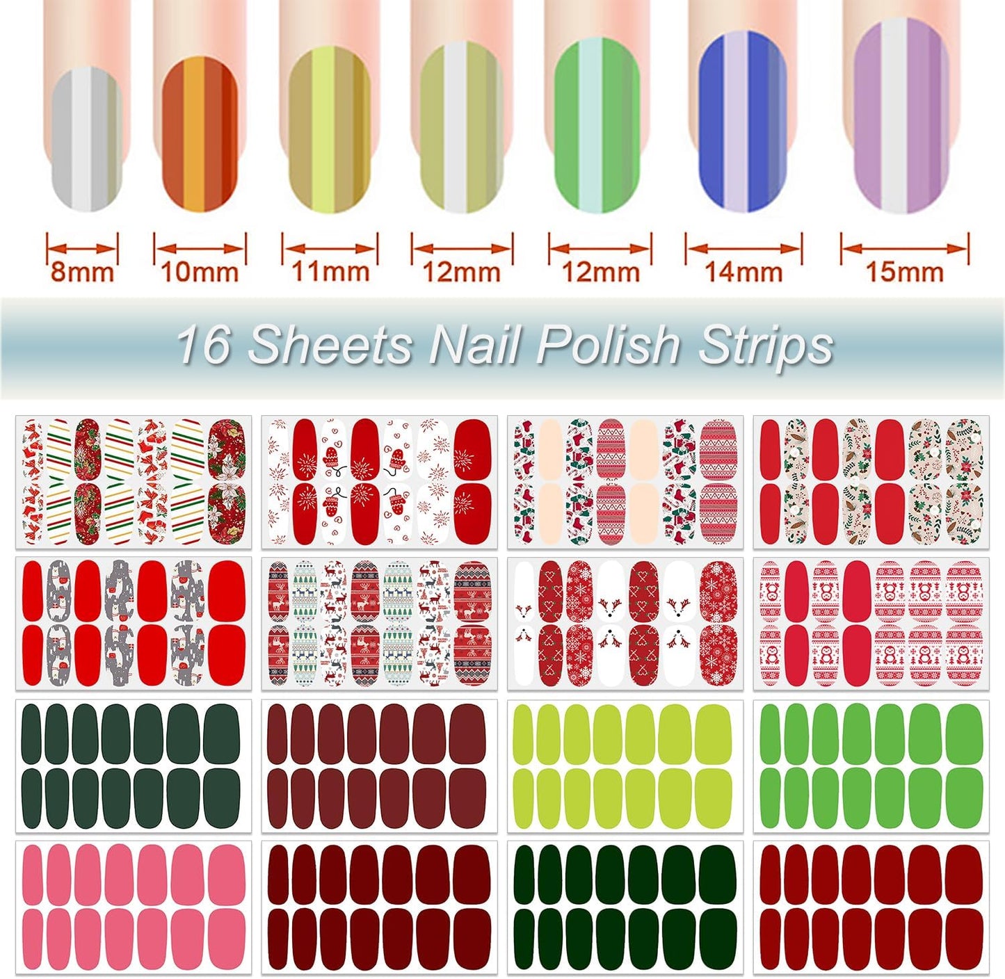 DANNEASY 16 Sheets Christmas Nail Wraps for Women Nail Polish Strips Self Adhesive Nail Polish Stickers Stick on Nails Gel Nail Strips for Nail Art Accessories (Mix Solid Series)