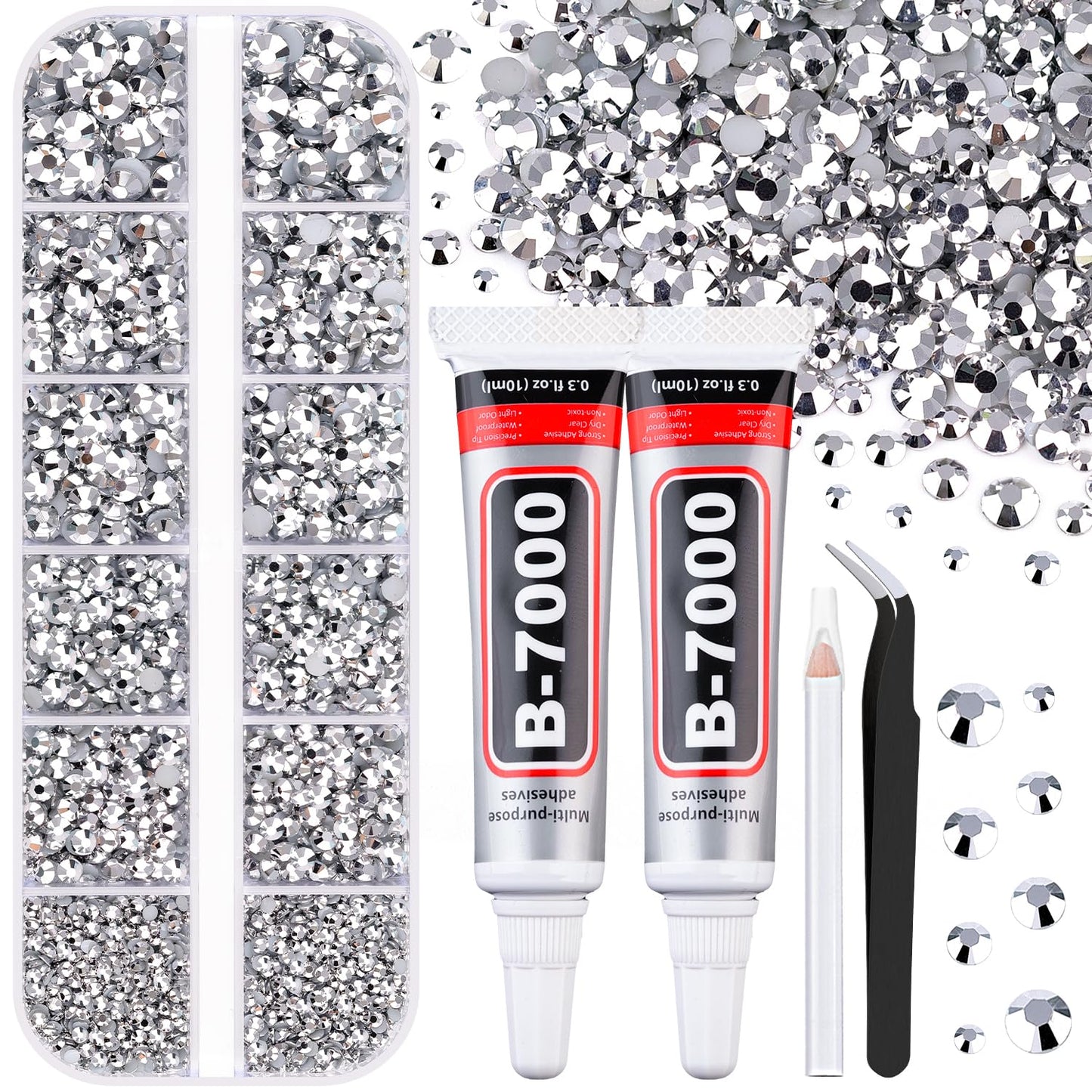 6100Pcs Resin Rhinestones for Crafting with 2Pcs 10ml B7000 Jewelry Glue, 1 Box Flatback Crystals Diamond (Silver) for Bedazzling Crafts DIY Nail Art Non Hotfix Gems for Clothing Shoes