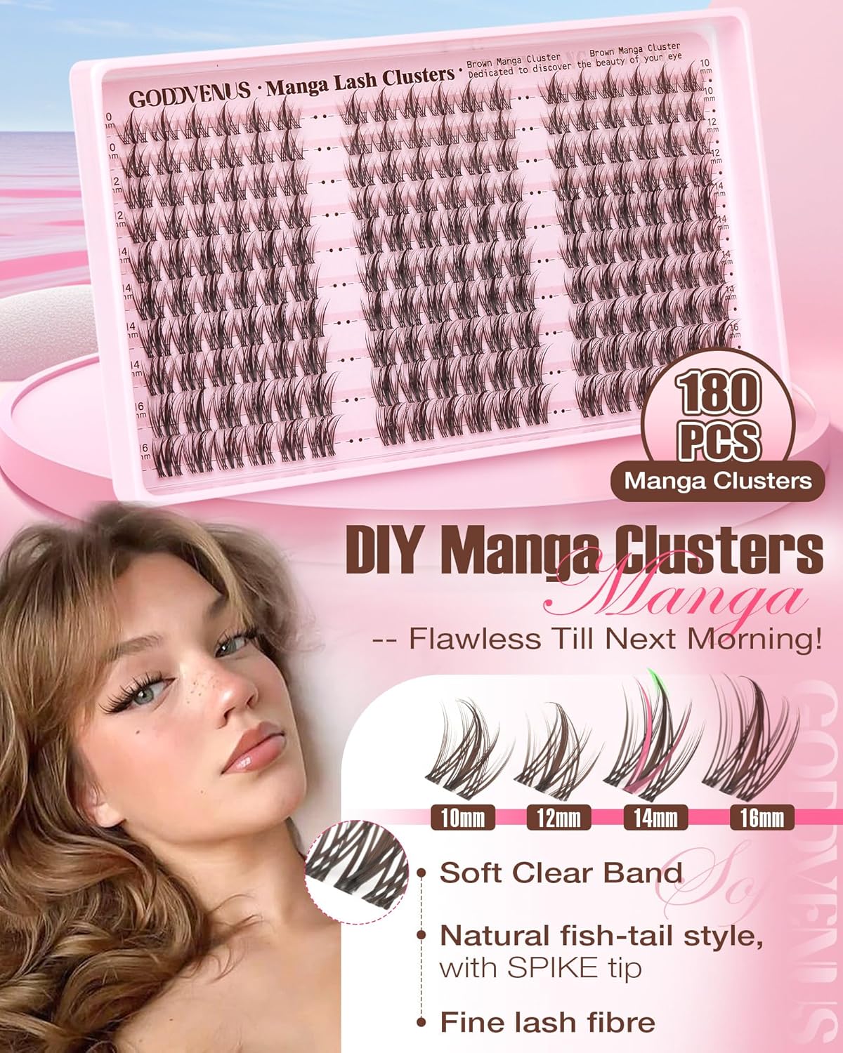 Brown Manga Lash Clusters Natural Cluster Eyelash Extensions CD Curl Wispy Fairy Eyelashes Clusters Waterproof Anime Individual Lashes 180pcs
