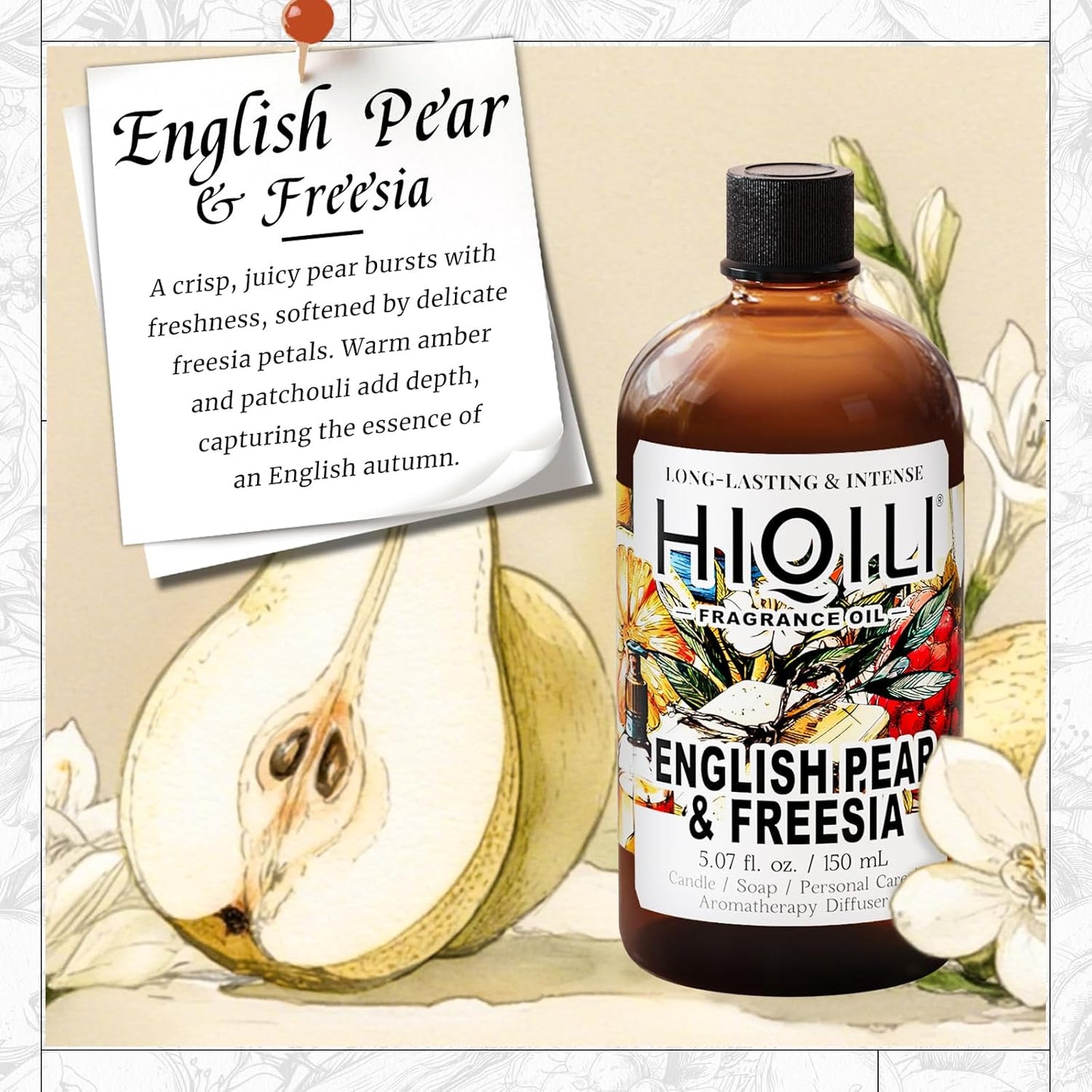 HIQILI English Pear & Freesia Fragrance Oil for Candle, Soap & Perfume Making, Premium Scents for Essential Oil Diffuser, Home Spray - 5.07 Fl Oz