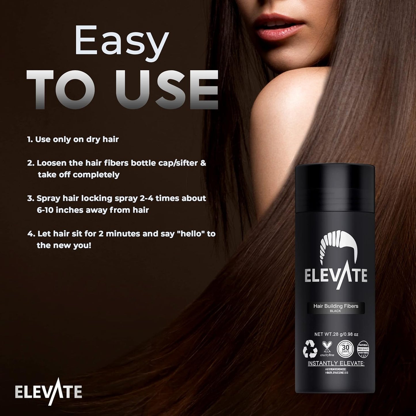 ELEVATE Hair Fibers for Thinning Hair Large Size 40g Bottle - 100% Natural Undetectable Keratin Fibers to Instantly Fill in Thinning Balding Loss Area Fuller in 30 Seconds Men & Women (Black)
