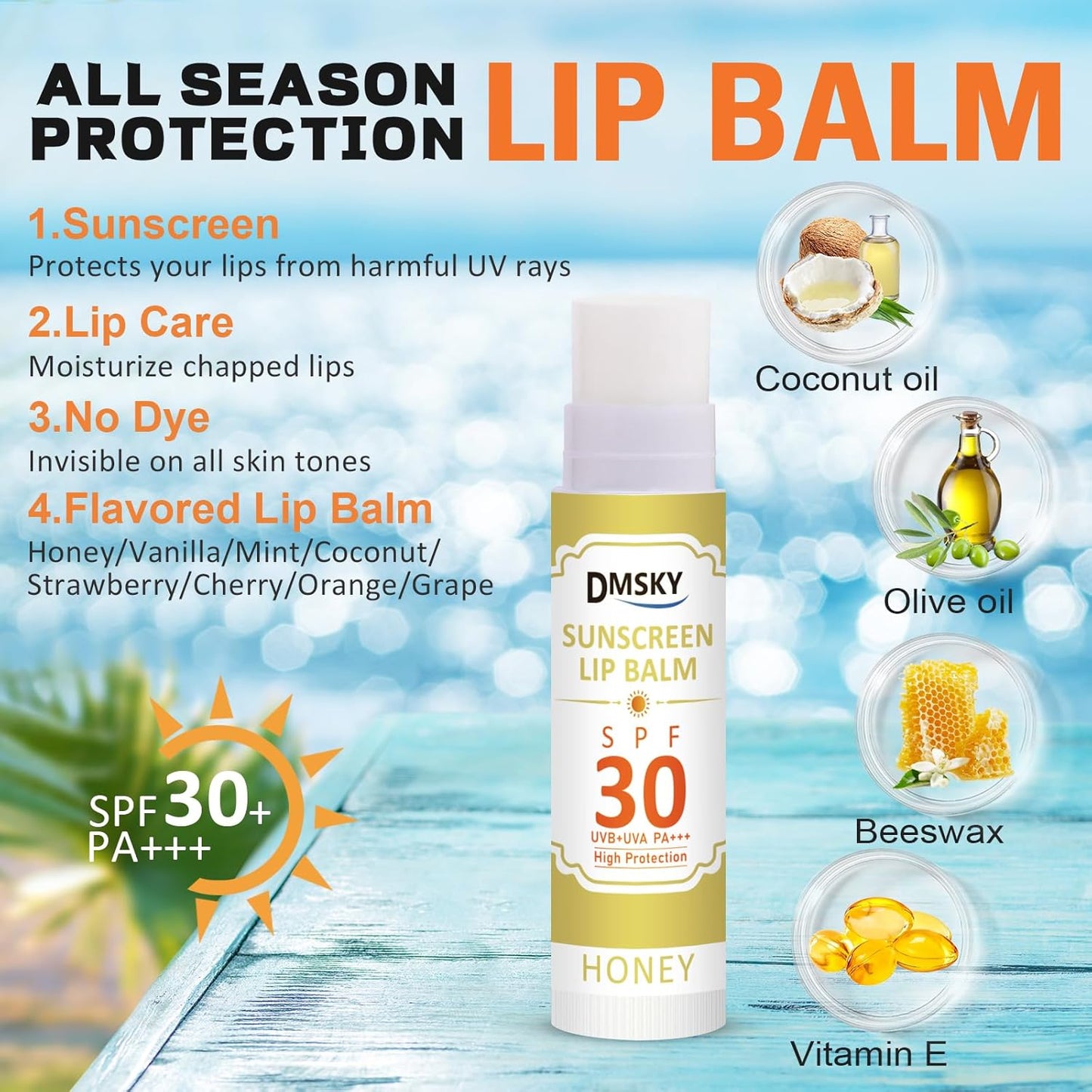 Dmsky 32 Pack Lip Balm Bulk，SPF 30 Lip Balm with Sunscreen,Hydrating Lip Balm Pack with Vitamin E and Coconut Oil- 8 Flavors, B-32 Count