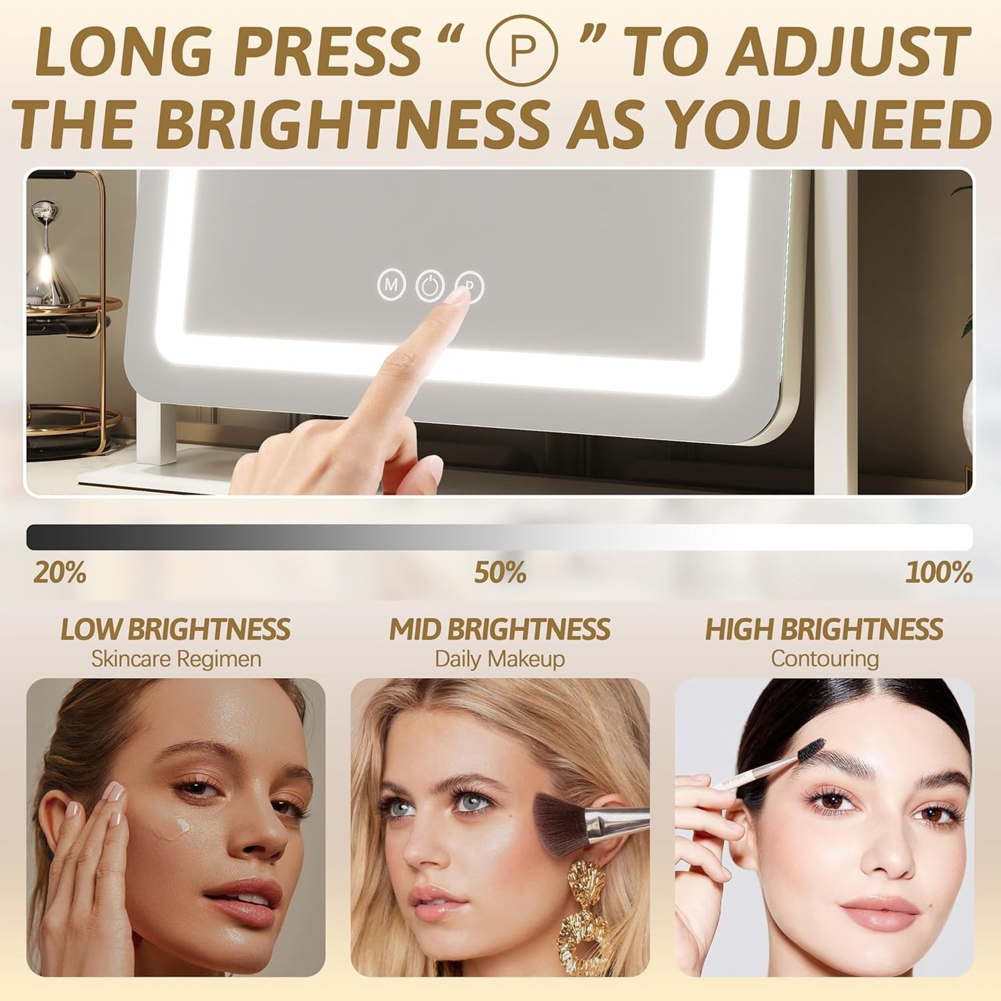 22x18 Inch Vanity Mirror with Lights, 3 Color Dimmable LED Lighting, Smart Touch Control & 360° Rotation, Large Makeup Mirror for Bedroom, Dressing Room (White)