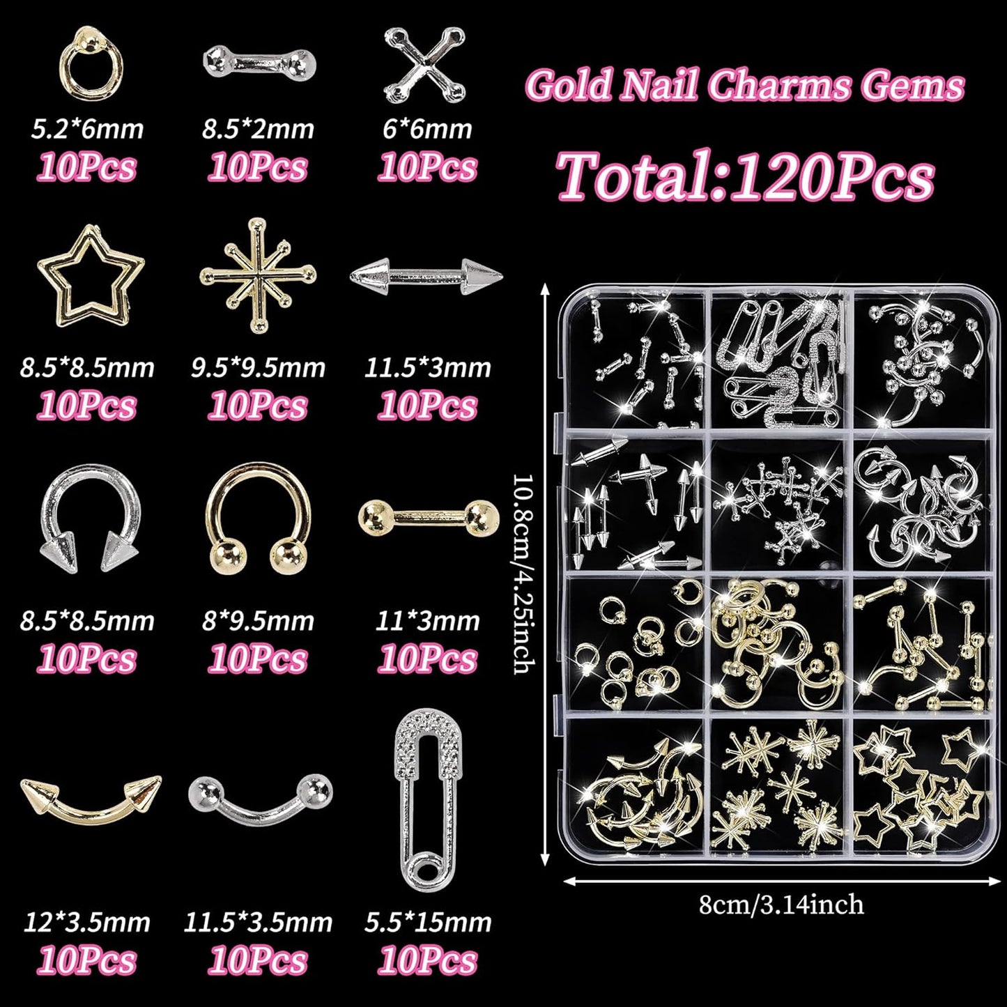 120 Silver Star Nail Charms - Gold Rivets Cross Nail Charms - 3D Crystal Nail Art, Y2k Retro Nail Rrt Cross Charm for DIY Designs Supplies B