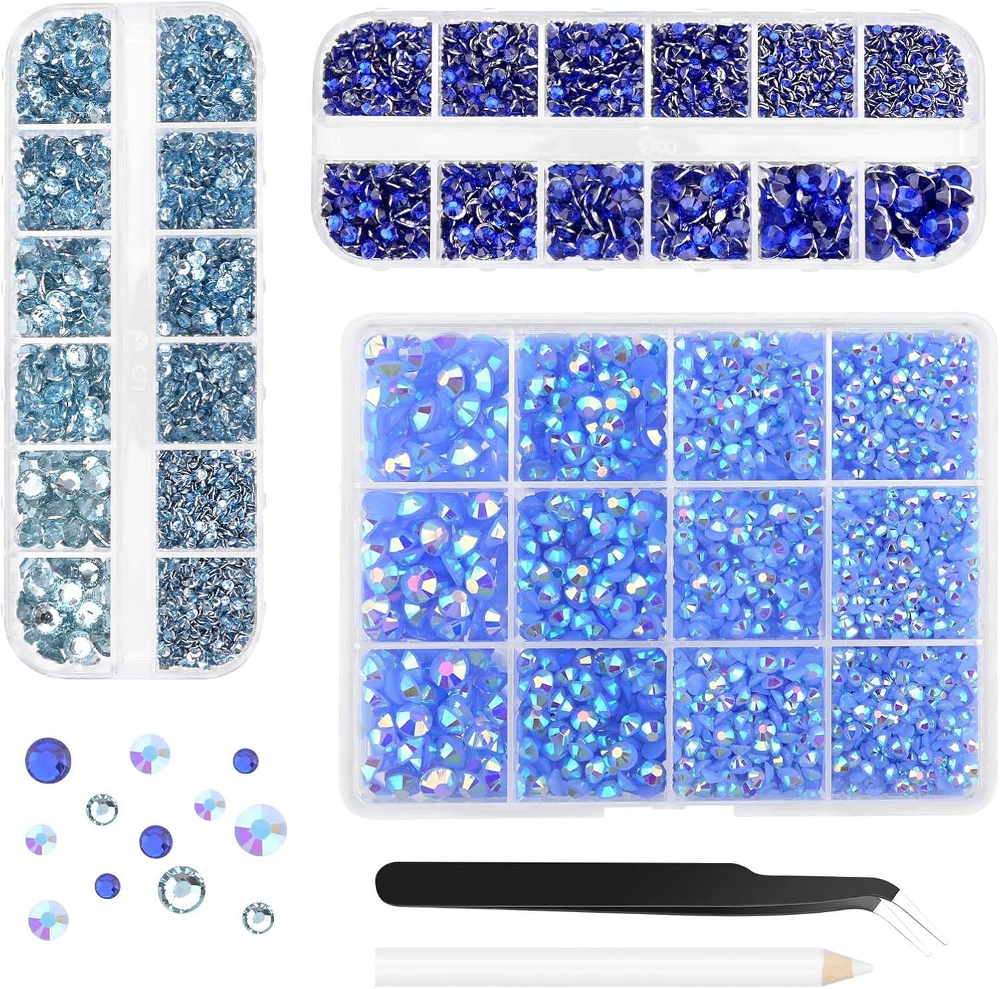 Morcheiong 17000Pcs Resin Rhinestones Blue Flatback Crystals Diamond Includes Tweezers and Pickup Pen Suitable for Crafting DIY Nail Art Makeup Wedding Dress Clothing Mug