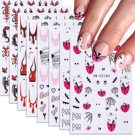 Halloween Nail Art Stickers 8 Sheets Cute Ghost Pink Pumpkin 3D Self-Adhesive Nail Decals Blood Chilli Cherry Designs ScorpionNail Decorations Halloween DIY Manicure Supplies for Women Girls&Kids