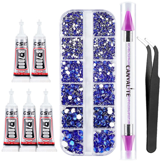 Canvalite 2784PCS Blue Rhinestones Flatback Gems, Nail Rhinestones Nail Art Gems with Glues, Pick Up Tweezers and Rhinestone Picker Dotting Pen, Nail Art Tools for Nails, Clothes, Face, Crafts