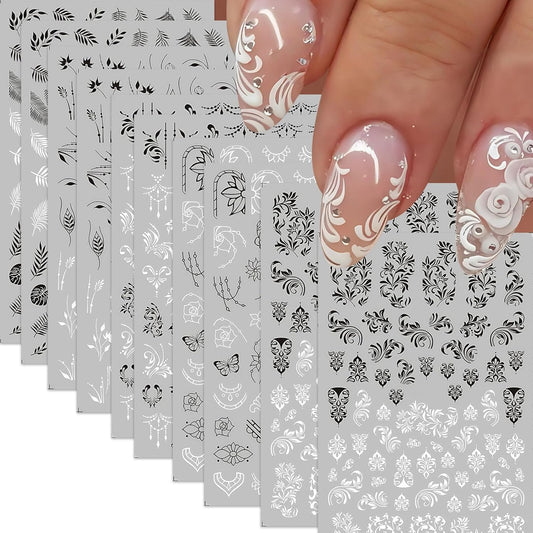 10 Sheets Black White Leaves Flowers Nail Stickers Decals 3D Self- Adhesive Retro Flower Vintage Vine Rose Flower Butterflies Nail Design Classic Fashion Simple Nails Supplies for Acrylic Nail DIY