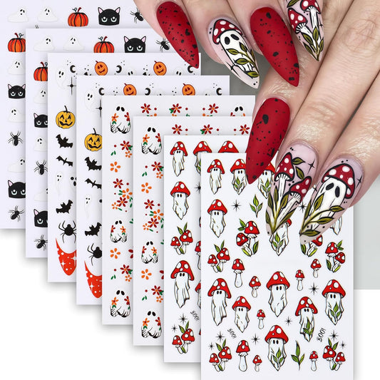 8Pcs Halloween Nail Art Stickers Decals Cute Ghost Pumpkin 3D Self Adhesive Nail Decals Flower Spooky Mushroom Ghost Nail Design Pumpkin Cats Spider Bats French Manicure Supplies for Women Nail Decor