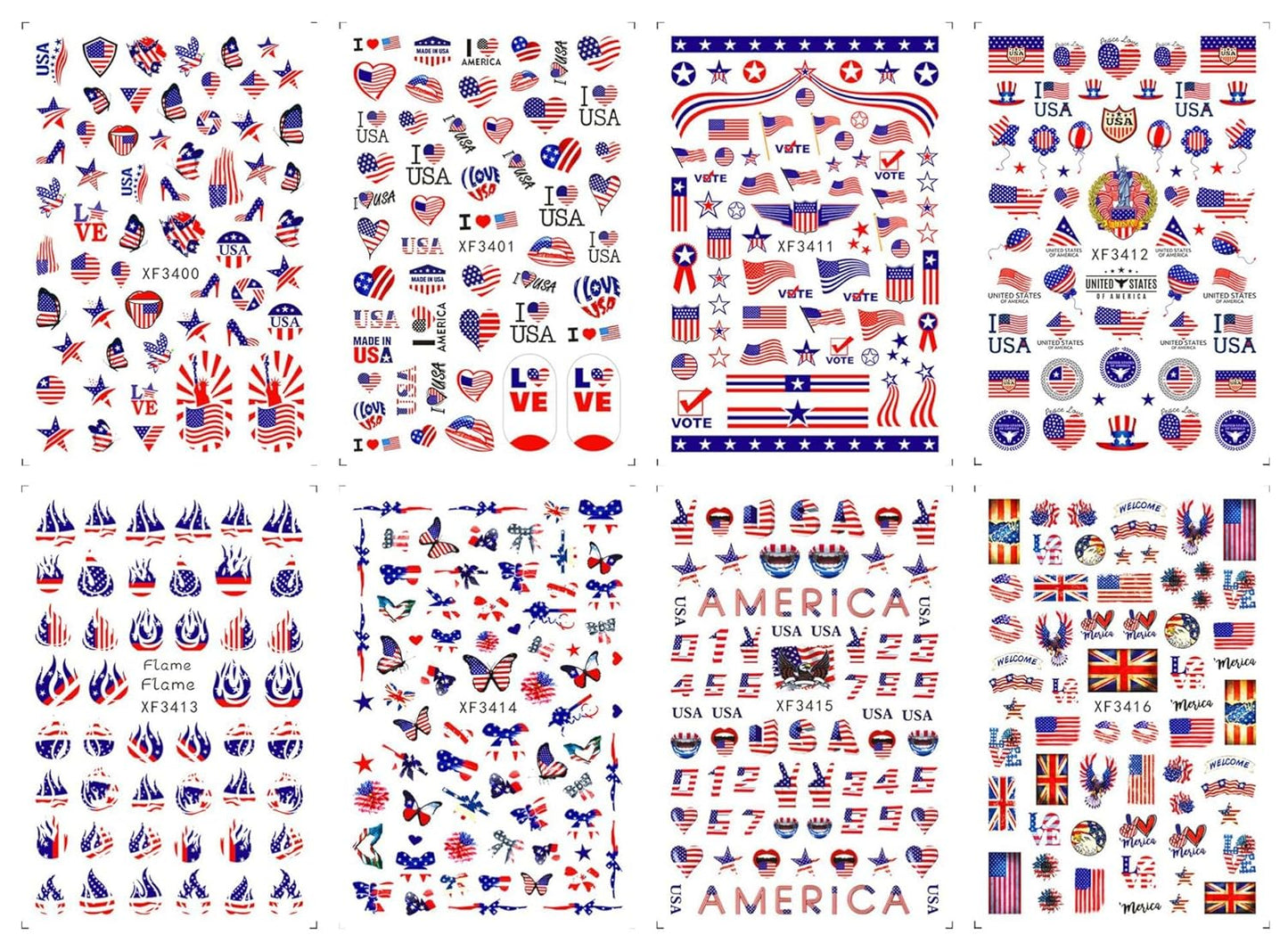 8Sheets 4th of July Nail Art Stickers Decals Red Blue White American Flag 3D Self-Adhesive Nail Decals Flame Butterfly Heart Designs Independence Day Nail Decorations DIY Nail Supplies for Women Kids