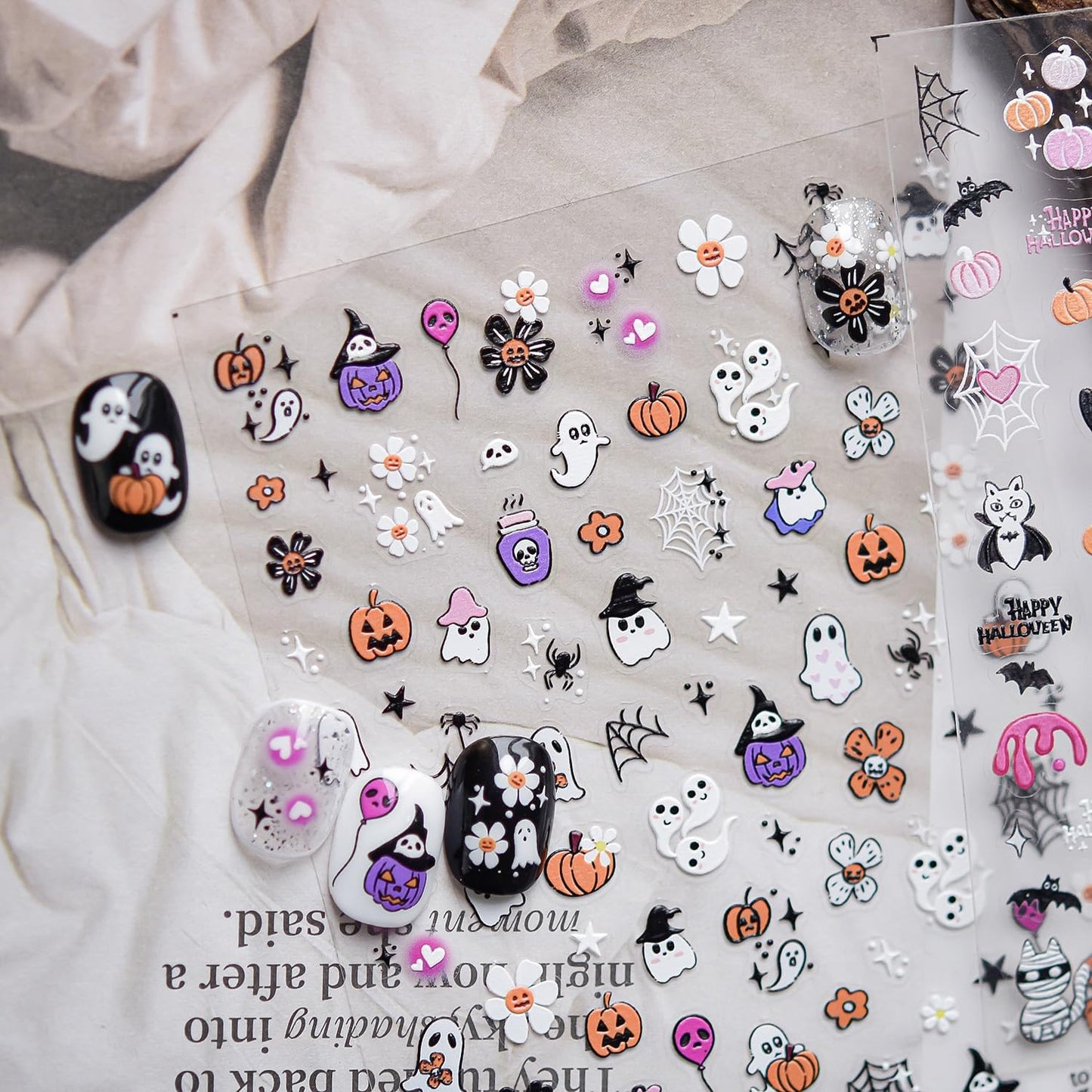 Halloween Ghost Nail Stickers 5D Embossed Halloween Nail Decals for Nail Art Designs Self Adhesive Cute Pumpkin Spider Nail Art Stickers Flower Nails Supplies for Women Nail Manicure