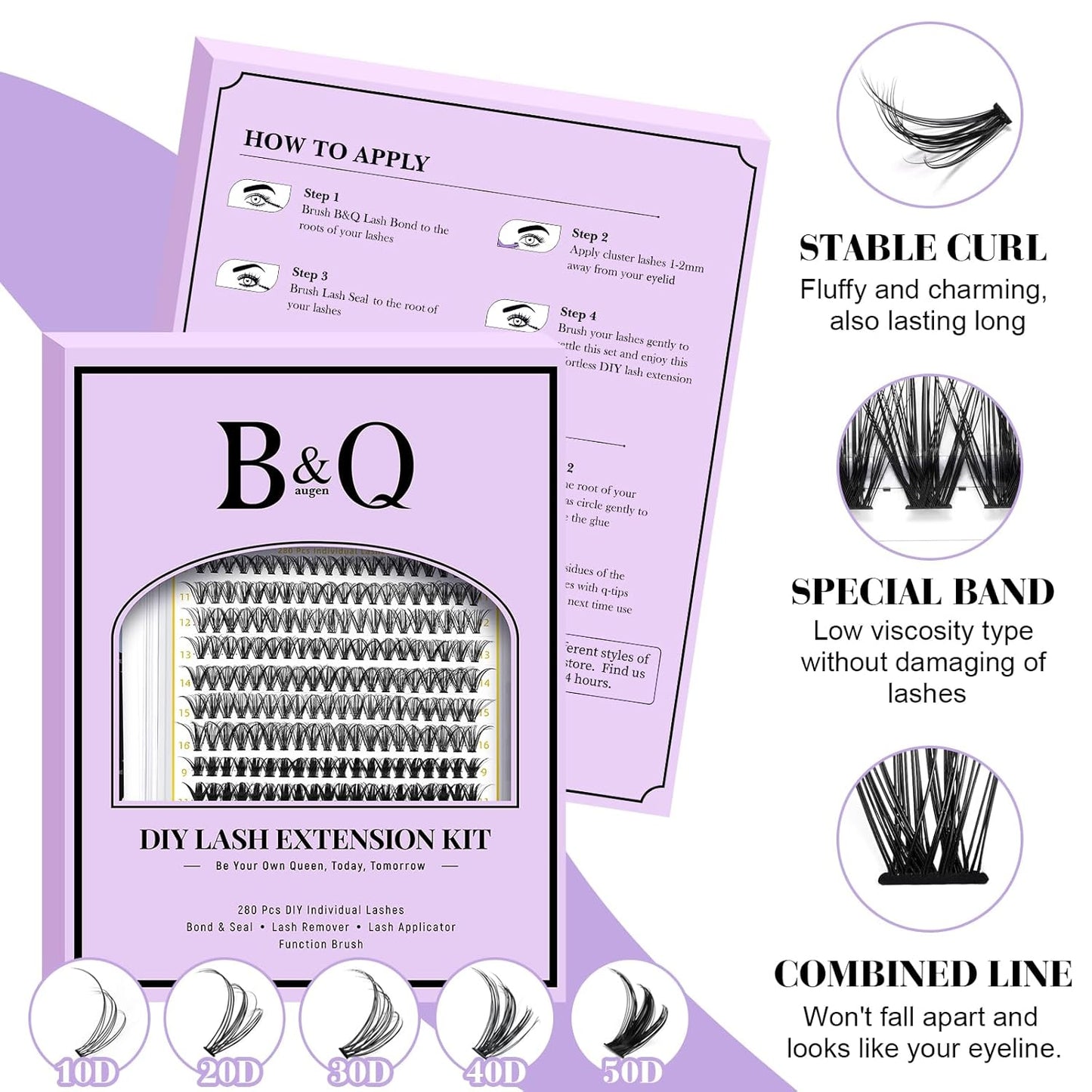 B&Q Lash Clusters Kit 280PCS Eyelash Clusters Kit,30D 50D D 9-16MIX Individual Lash Comfortable Eyelash Extension Set, Classic Look with Bond and Seal Waterproof, Remover DIY at Home(Set,30D50D)