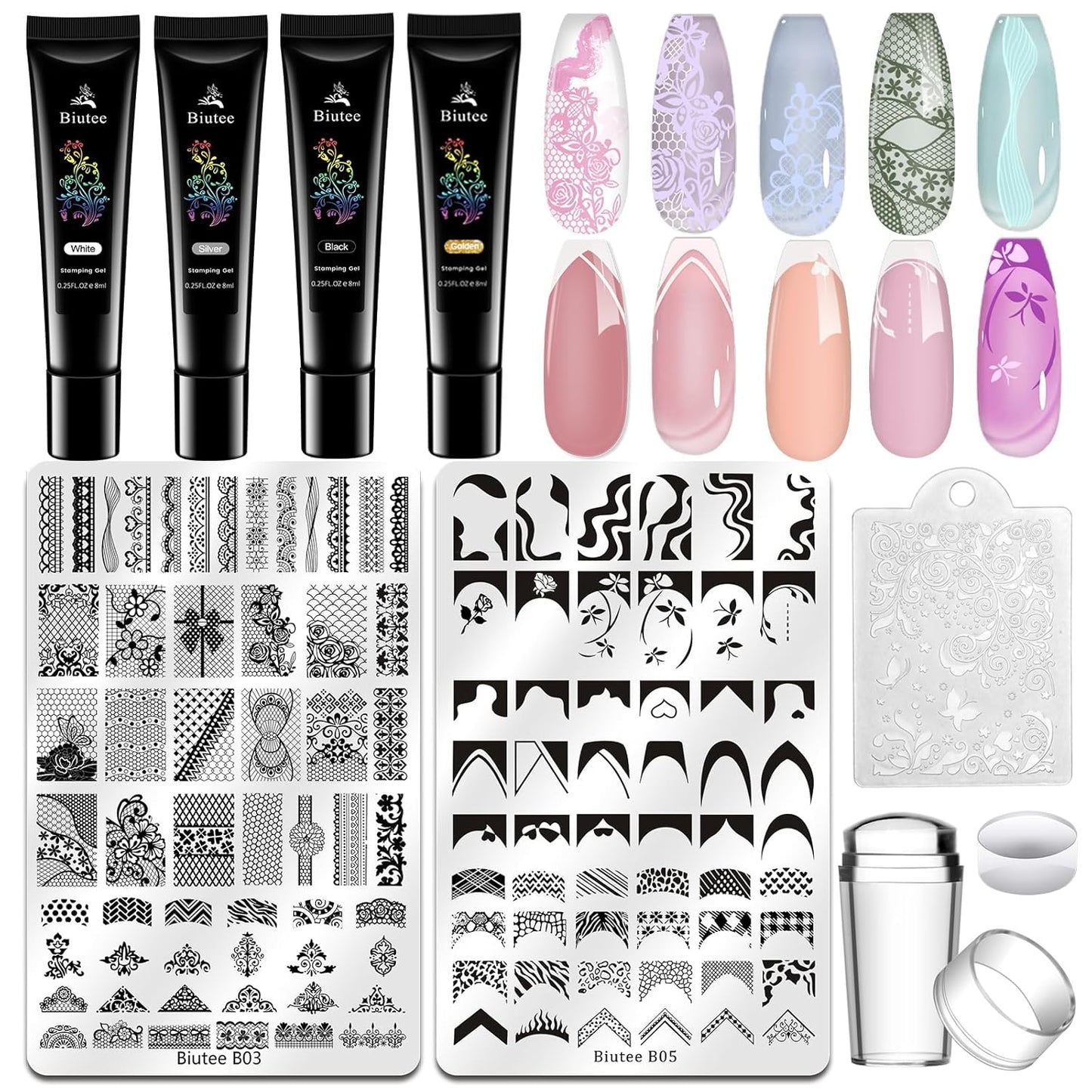 Biutee Nail Stamper Kit Nail Art Stamping Plate Set 4 PCS Stamping Nail Polish Gel 2PCS Large Stamp Plate 110 Patterns Jelly Silicone Stamper Scraper Stamp Template Kit French Line Lace Flower Design