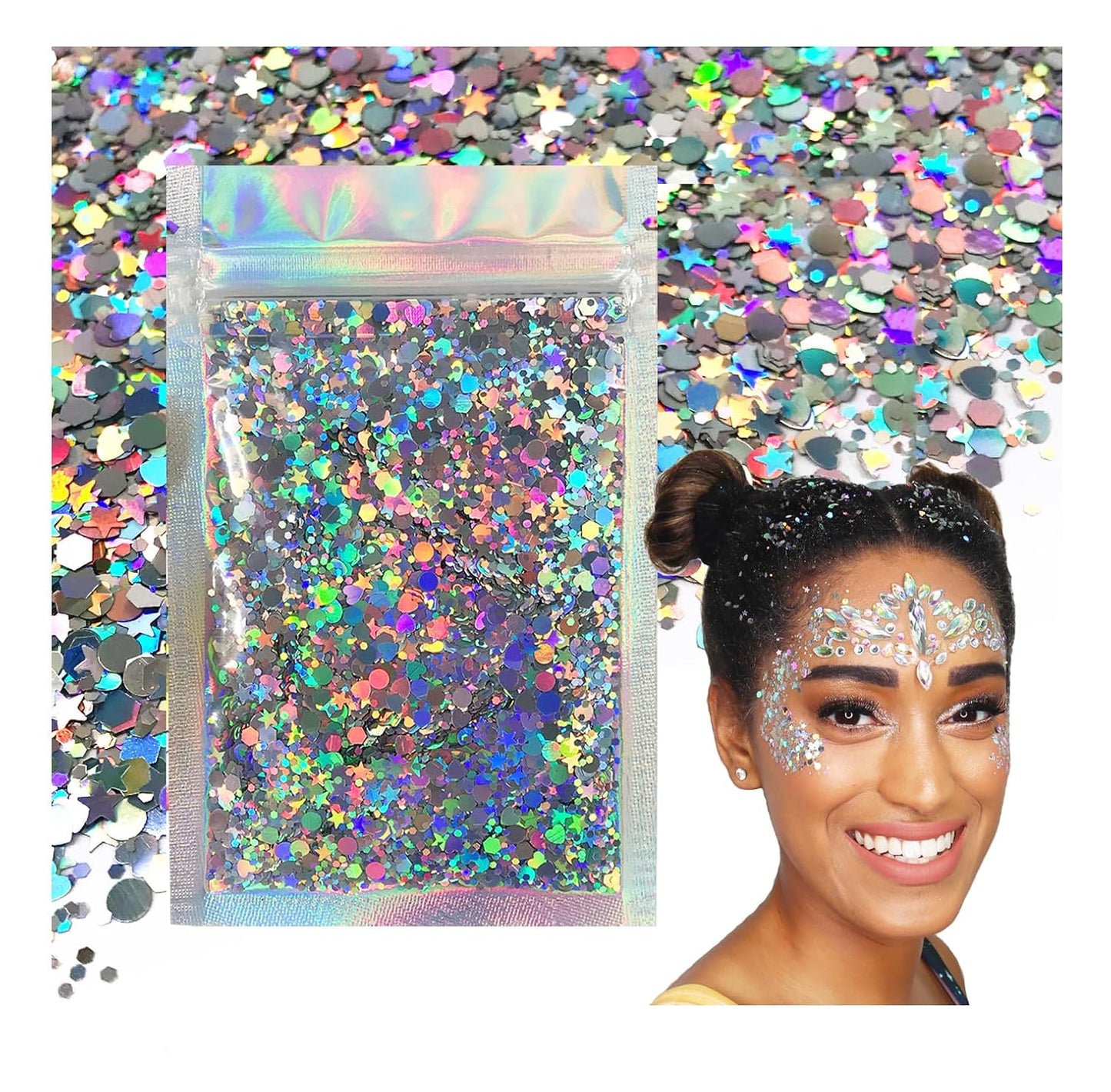 Holographic Silver - Electric Bliss Beauty - Chunky Biodegradable Glitter for Festivals, Crafts, Cosmetics - Eco Friendly Body Glitter for Hair, Nails, Face & More (Holo Silver)