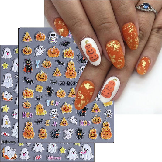 Halloween Nails Stickers White Cute Ghost Nails Sticker 5D Embossed Orange Pumpkins Self Adhesive Sticker Nail Decals Black Cat Nail Art Decal Halloween Decals for Nail DIY Manicure 2Sheet