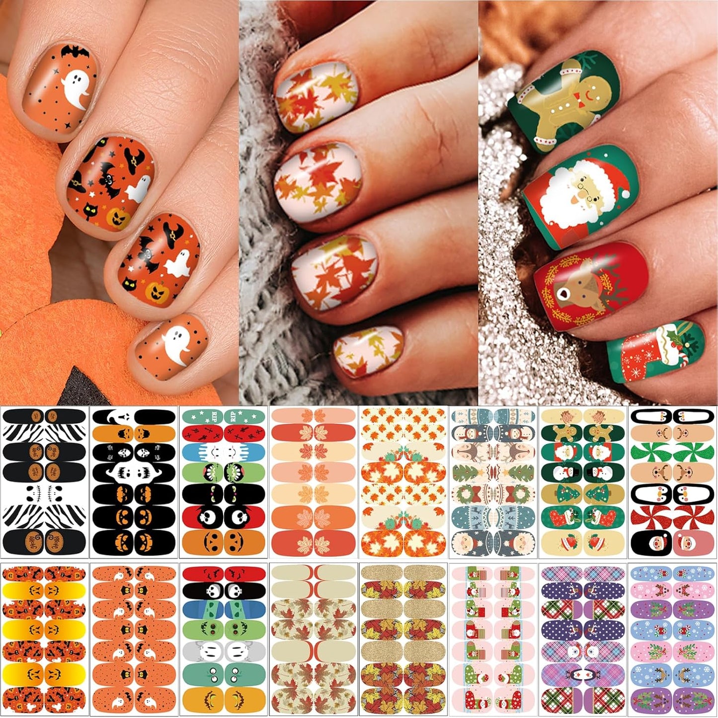 24 Sheets Holiday Nail Wraps Stickers, Halloween Christmas Thanksgiving Day All Seasonal Full Nail Polish Strips, DIY Self-Adhesive Fall Winter Nail Art Decals with 2 Piece Nail Files for Party Decor