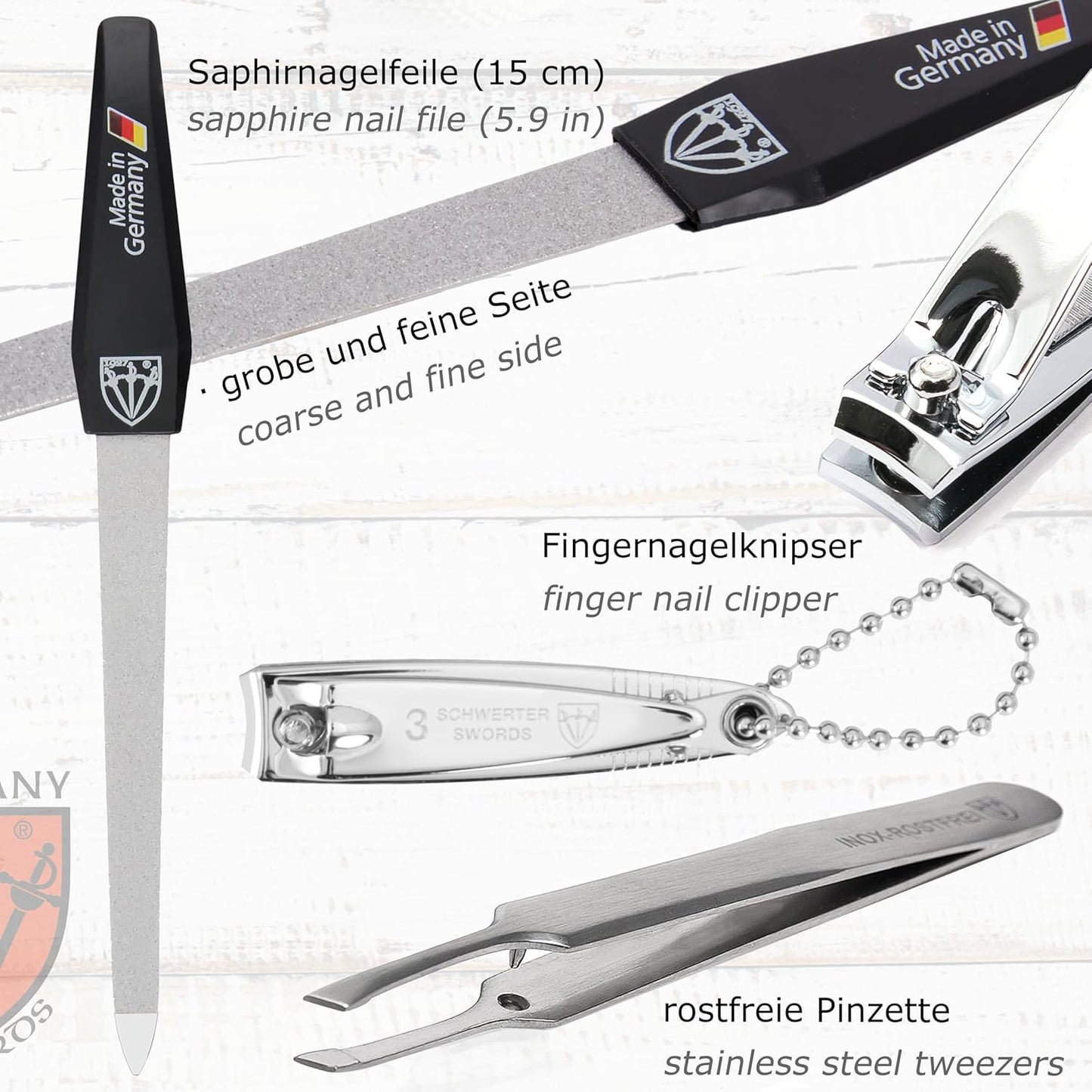 3 Swords Germany - Brand Quality Professional Toe Nail Nipper Set Stainless Steel INOX Wave Nipper, Head Cutter, Nail File Finger Clipper, Tweezers with case for ingrown Toe Nails by 3 Swords (202)