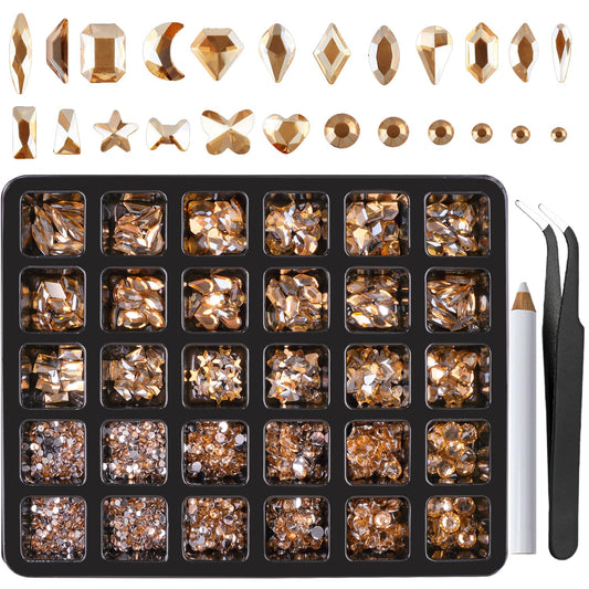 Canvalite 2900Pcs Champagne Rhinestones for Nails, 18 Styles Multi Shape Nail Charms and Gems Shiny Glass Crystal Flatback Nail Rhinestones Set for Nail Art with Rhinestone Picker and Tweezers