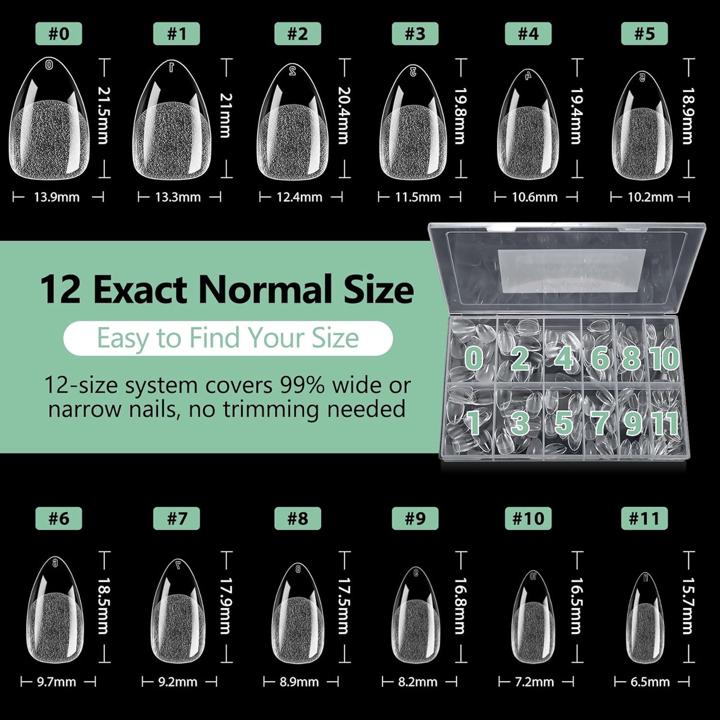 Short Almond Nail Tips, 216pcs Soft Acrylic Fake Nails Gel Nail Tips, Full Cover Pre-Shaped Matte Clear Press on Nails for Extension, Diy at Home Manicure 12 Sizes