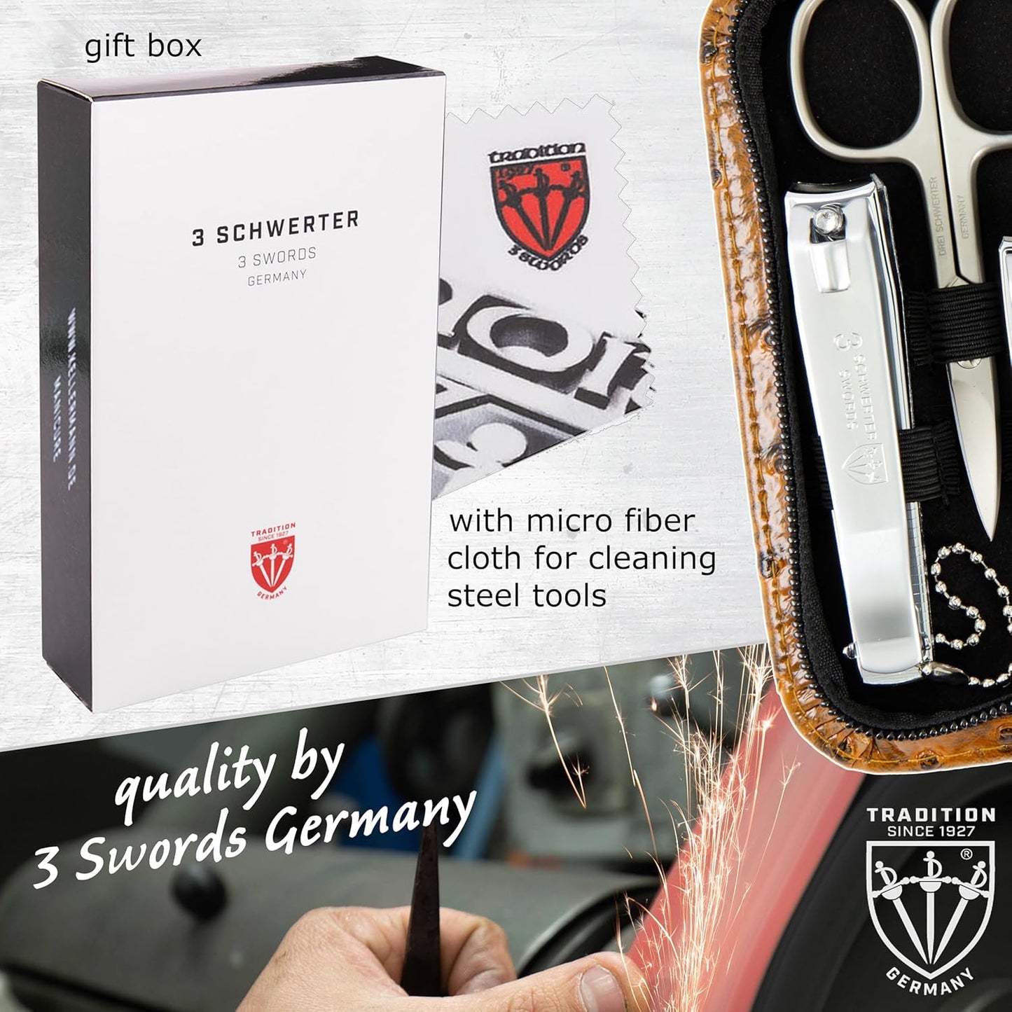 3 Swords Germany – brand quality 8 piece manicure pedicure grooming kit set for professional nail care with synthetic leather case ostrich cognac - Made in Germany