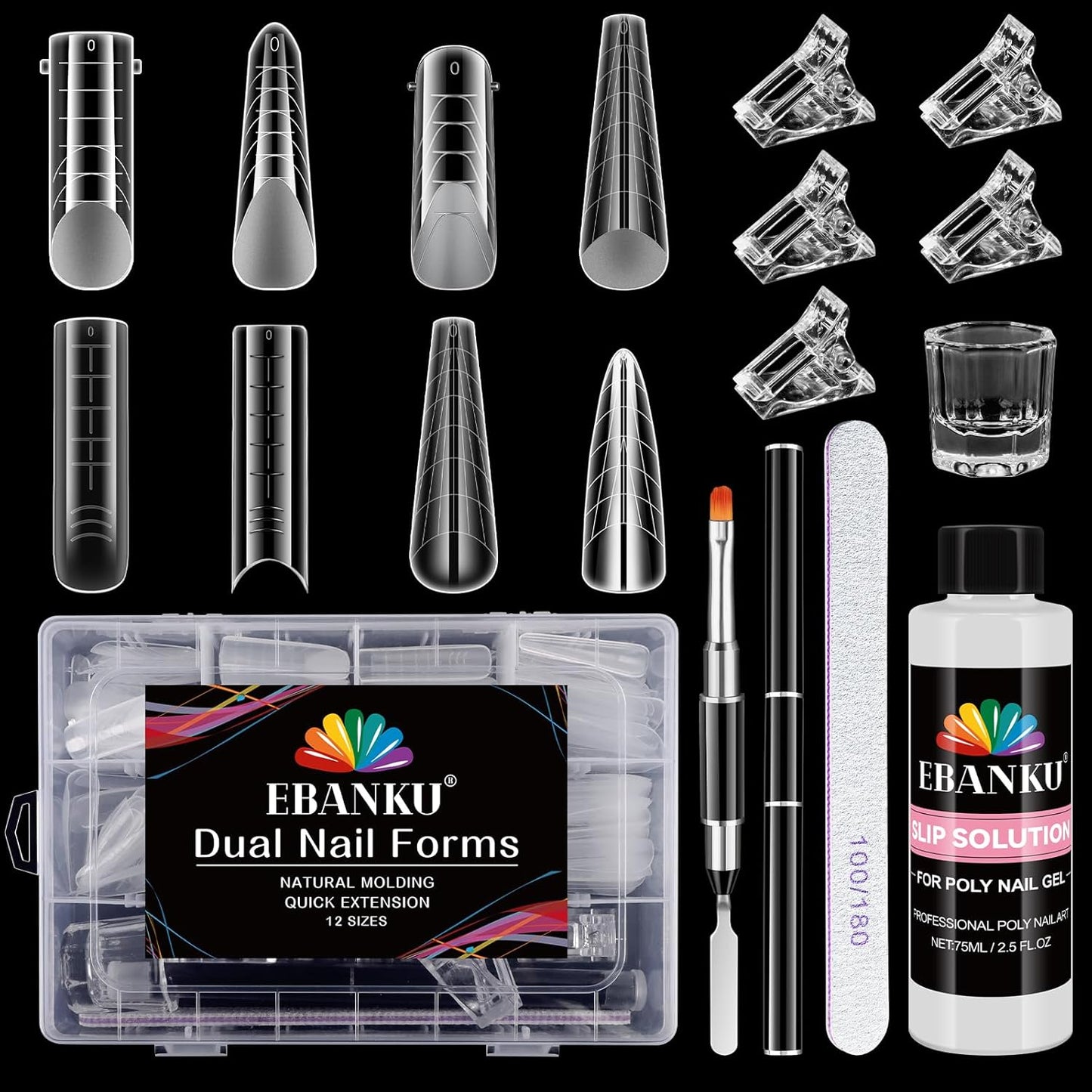 Poly Gel Nail Form Kit, EBANKU 192PCS Reusable Nail Extension Mold Dual Forms with 5Pcs Clips, 75ML Slip Solution, Brush Pen, File & Cuticle Pusher for Beginners, 8 Style 12 Sizes