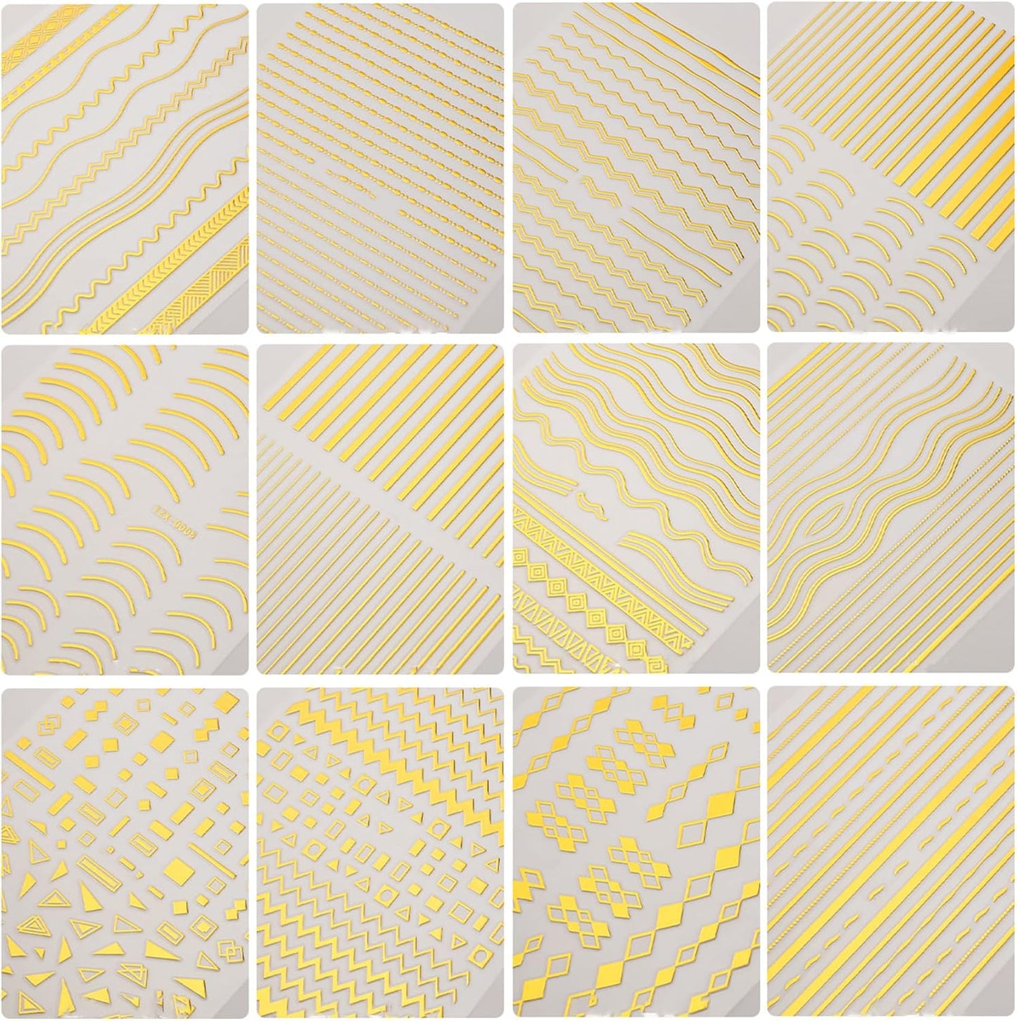 12 Sheets Gold Line Nail Art Stickers - French Smile Waves Strip Self-Adhesive Nail Decals for DIY Geometric Manicure