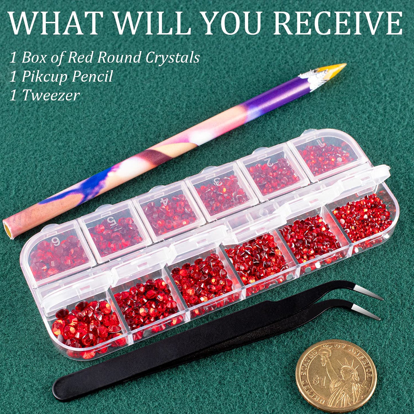 6 Sizes Red Glass Crystal Kit with Pickup Pen + Tweezer Tools for Shine Nail Art Manicure Makeup DIY Decoration Flatback Round Rhinestone Gem Jewelry Diamond