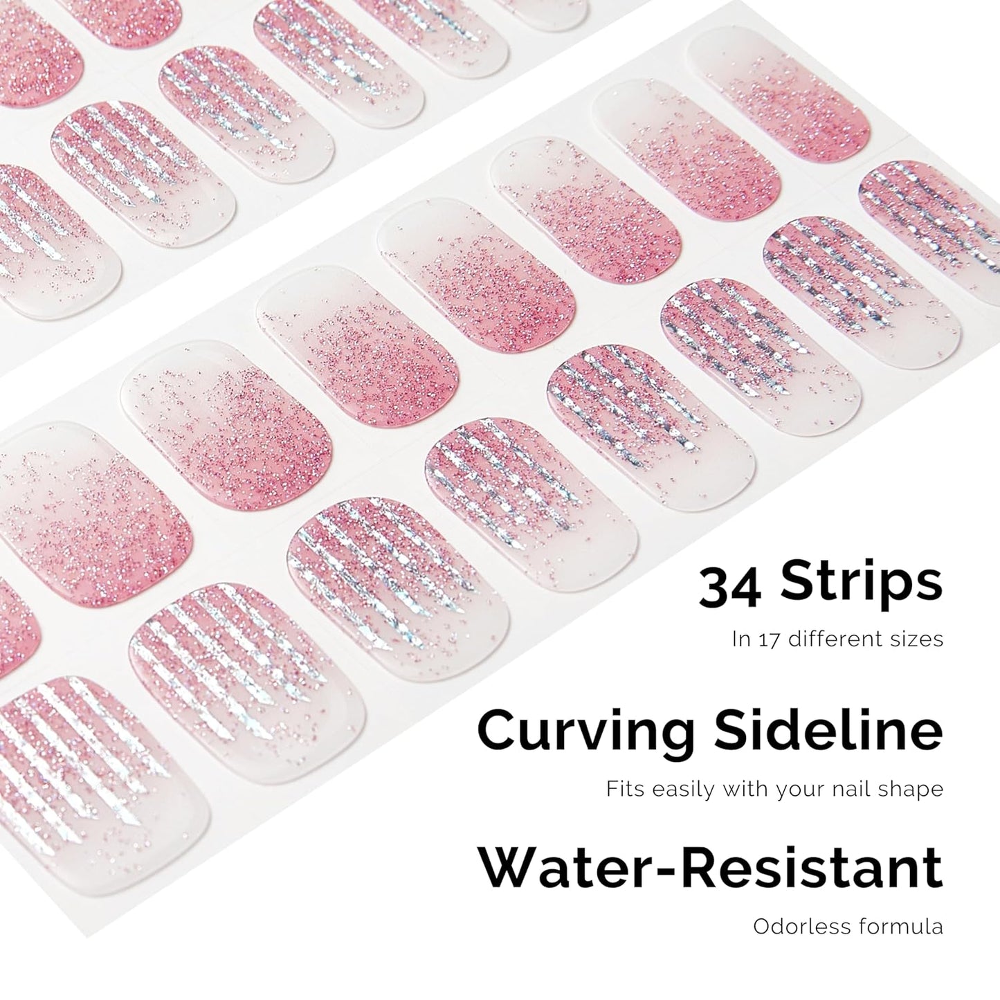 NAILOG Semi Cured Gel Strips, 34 pcs Salon-Quality Stickers, Long Lasting Wraps for Women With Soft Gel Finish (Pink Lane)