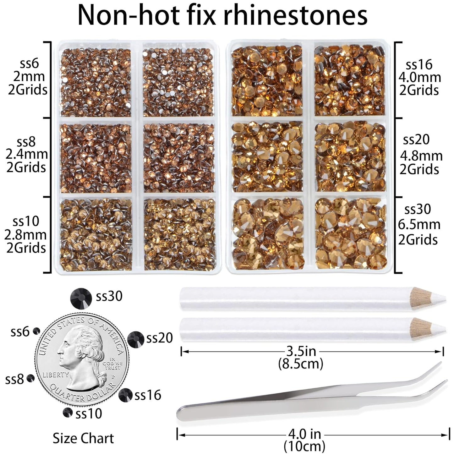 LPBeads 6000 Pieces Lt Topaz Non Hotfix Rhinestones 6 Sizes Round Crystal Glass Flat Back Rhinestones with Tweezers and Picking Pen for Nail Art Crafts Clothes Bags DIY