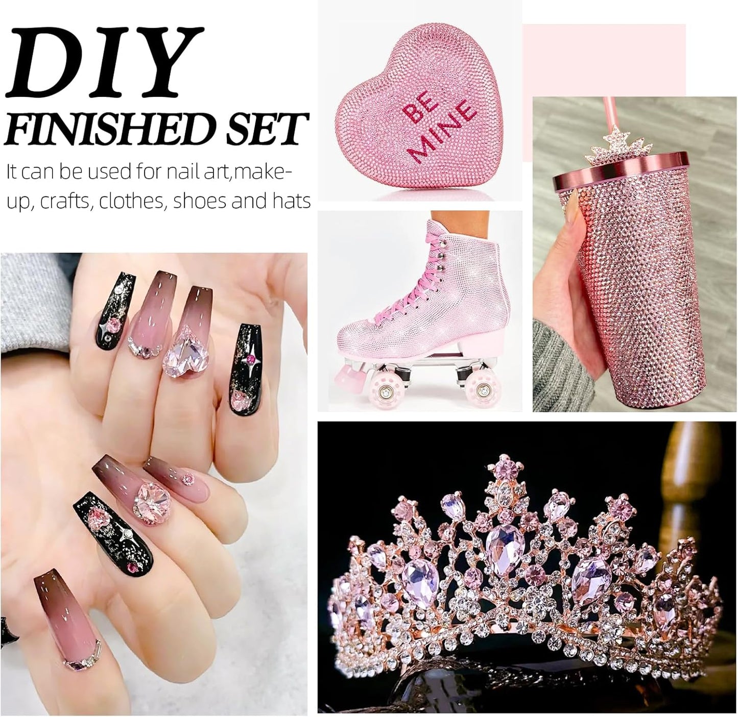 Pink Flatback Rhinestones, Glass Rhinestones for Nail Art and Craft, Glue Fix, Loose Crystal Gemstones(Pink, SS12, 1440pcs, 2.9-3.0mm)