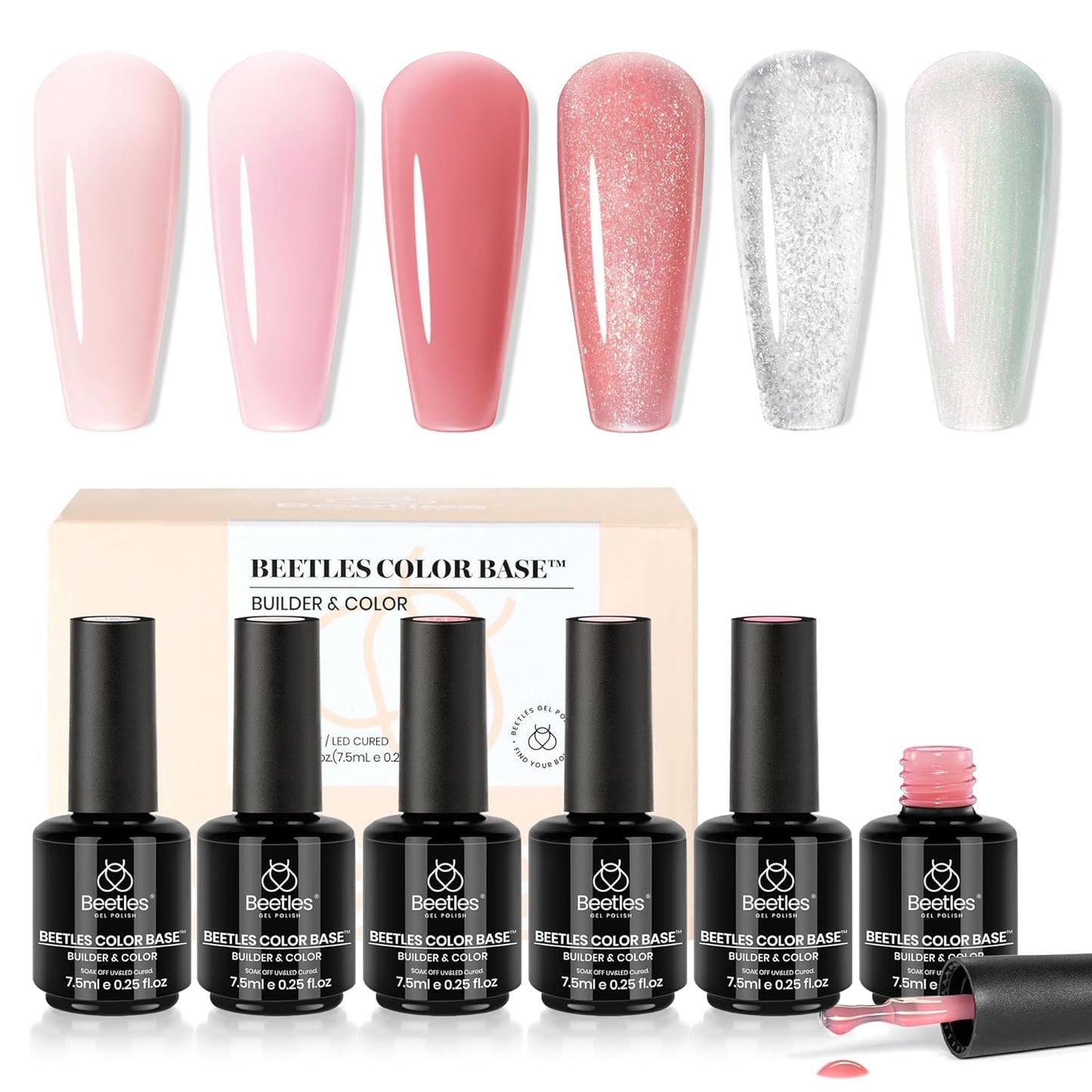 Beetles Rubber Base Gel, Nude Pink 6 Color Base Gel Polish Set, 5-in-1 Strengthening, Repairing & Smoothing Nail Base with Natural Nude Color, Self-Leveling Nail Art Manicure Gift for Women