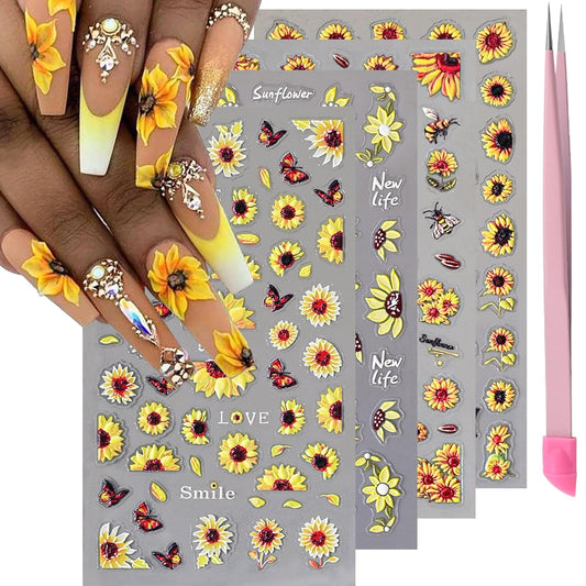 4 Sheets 5D Flower Nail Art Stickers Embossed Nail Decals Autumn Nails Art Design 3D Self-Adhesive Sunflowers Yellow Flower Nails Stickers for Women DIY Decoration