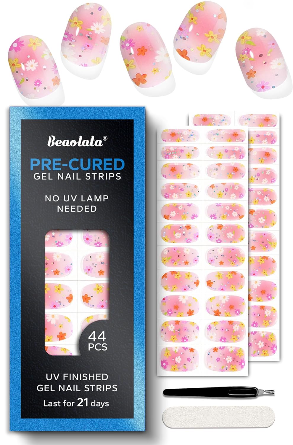 Pre Cured Gel Nail Strips - 44PCS Salon Quality Gel Nail Stickers - Long Lasting Polish Wraps for Women no UV Light Needed Easy Apply& Remove (Strawberry Pink)