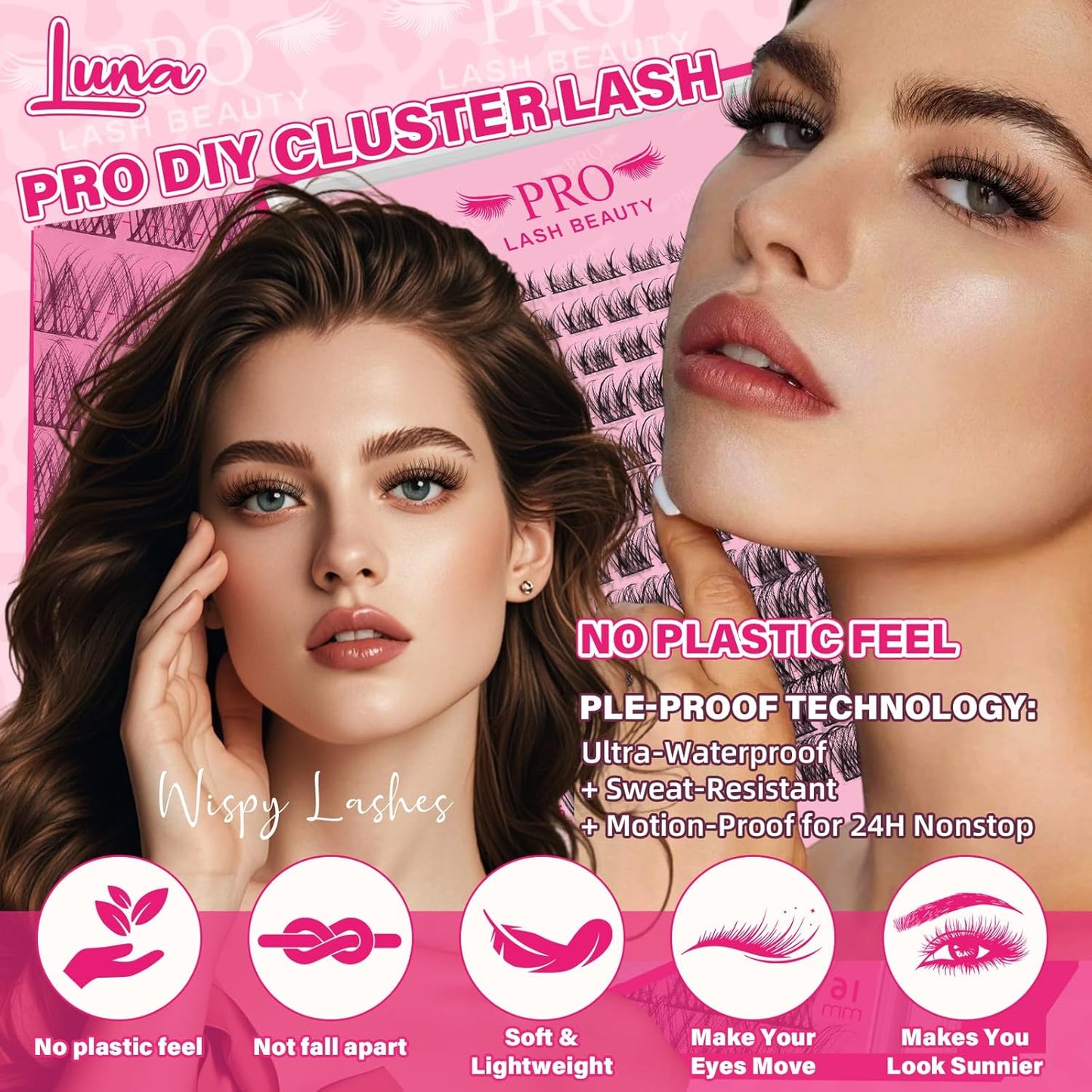 PROLASHBEAUTY Natural Lash Clusters Kit Lash Extension Kit Wispy Lash Clusters Lash Bond Remover Eyelash Applicator Beginner DIY Lashes Kit Easy to Use(Luna,8-16mix)