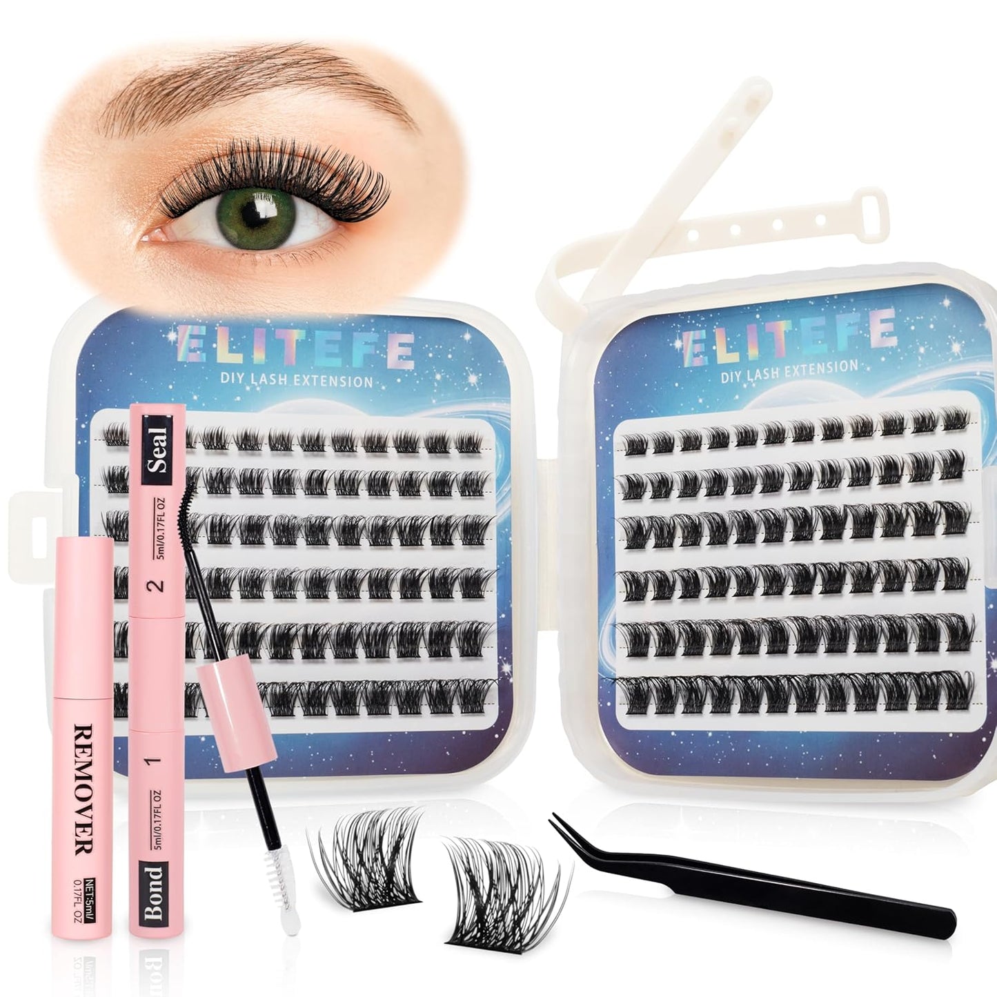 Lash Extension Kit DIY Lash Clusters Kit Eyelash Extensions Individual Lashes Extensions with (Bond,Seal,Tweezers,Remover,120Pcs,Goddess,8-16)