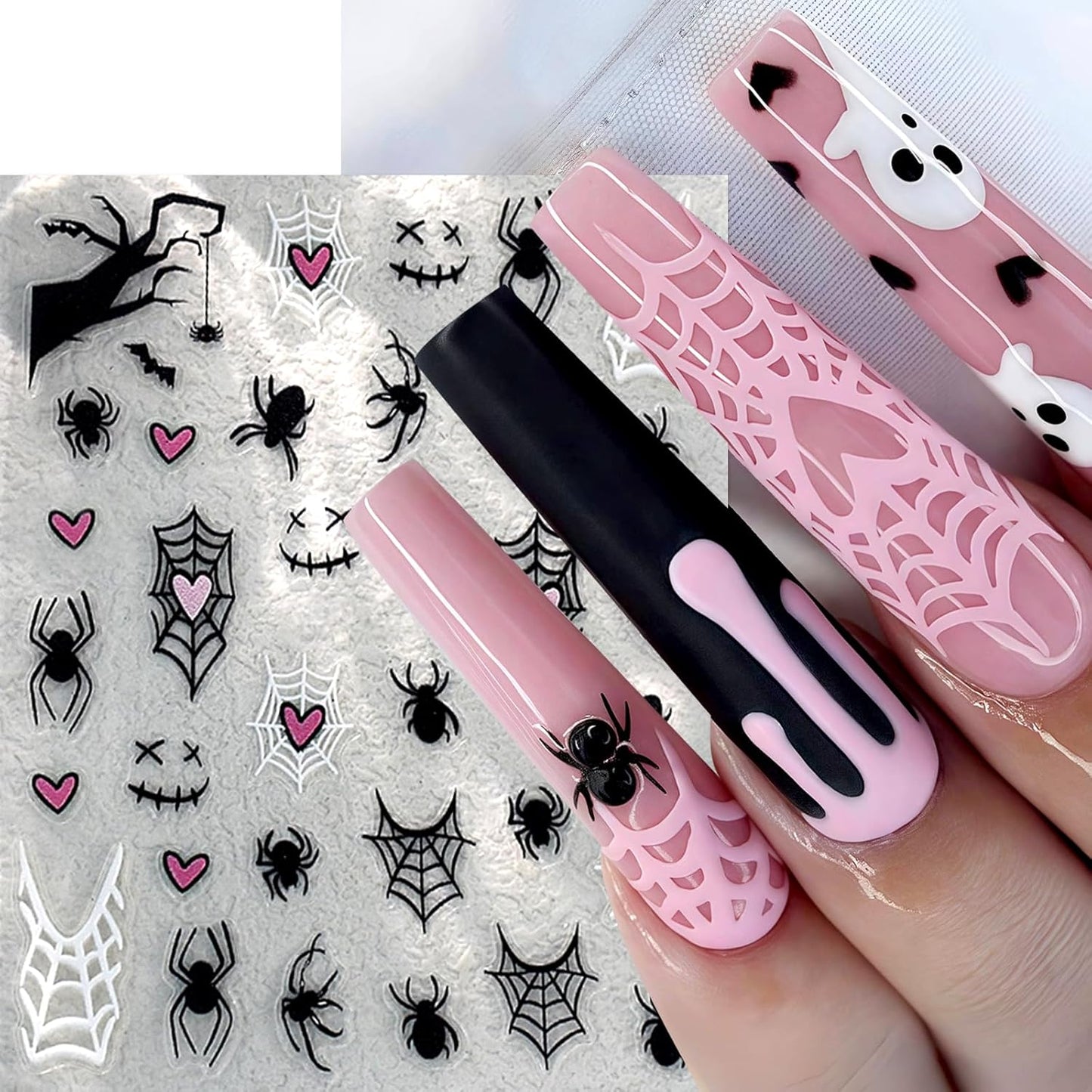 6Sheets Cute Ghost Nail Stickers for Nail Art,Micro-Relief Halloween Spider Nail Decals Pumpkin Cat Heart Spider Web Nail Designs Bat Star Nails Accessories for Women Acrylic Manicure Holiday Supplies