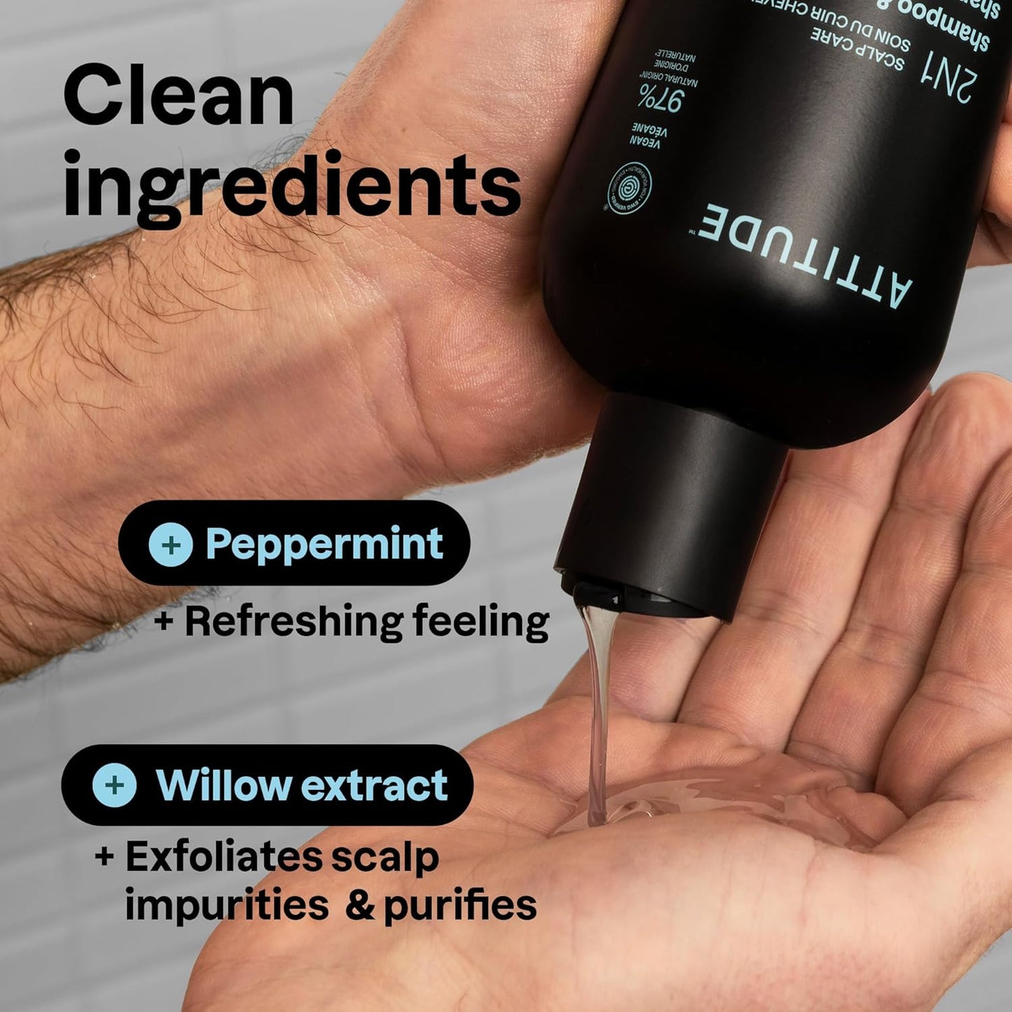 ATTITUDE Men's Shampoo and Conditioner 2-in-1, Scalp Care for Build Up & Oily Hair, 97% Natural Origin Ingredients, EWG Verified, Eucalyptus & Sage, 14 Fl Oz (Pack of 3)