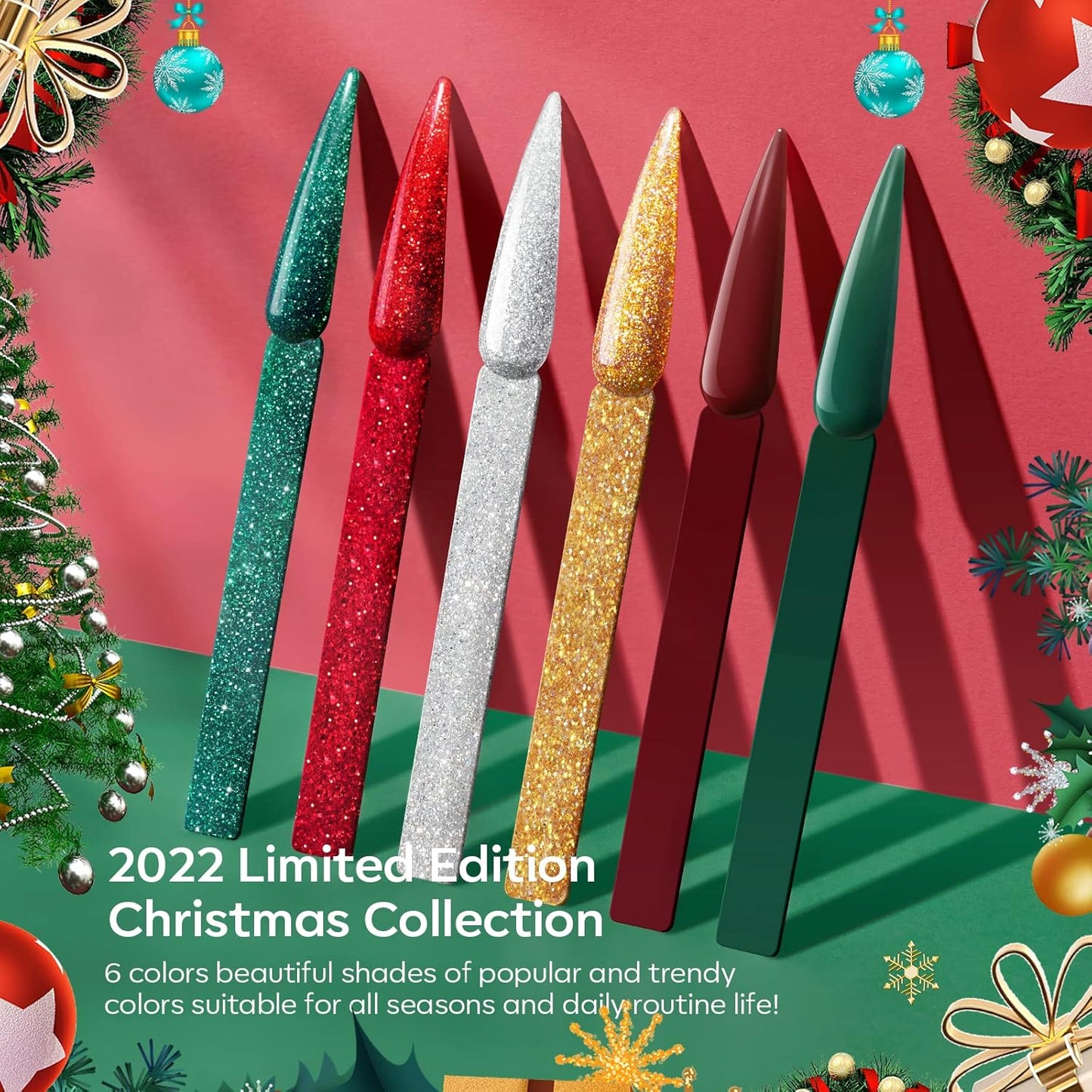 Modelones Christmas Colors Acrylic Powder Kit - 6 Colors Golden Glitter Yellow Green Dark Red Sliver Christmas Eve Cover Powder for Nail Art Extension - No Lamp Needed (C7-Lucky Clover)