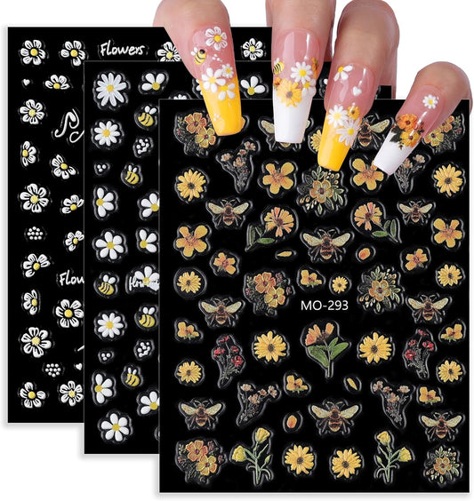 Bee Nail Stickers 3 Sheets Self-Adhesive Daisy Nail Decals White 5D Embossed Floral Nail Art Stickers for Women DIY Manicure Accessories Decorations