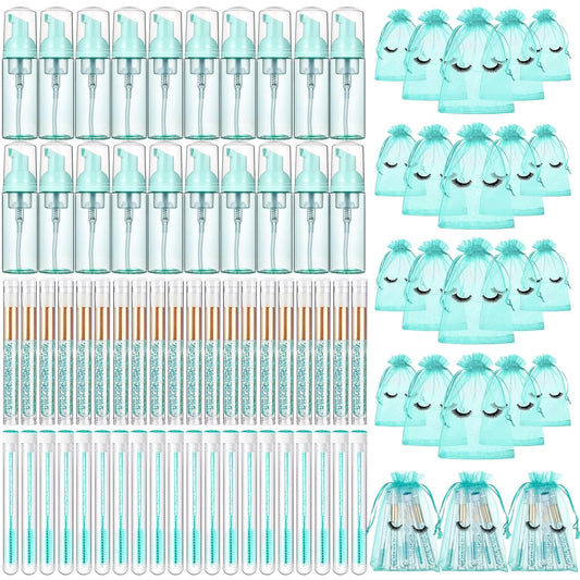 Zhehao 80 Pcs Lash Shampoo Bottle Brushes Kit 20 Foam Pump Dispensers 20 Lash Shampoo Brushes 20 Eyelash Aftercare Bag 20 Cleaning Pipes, Eyelash Extension Supplies(Green, Blue)