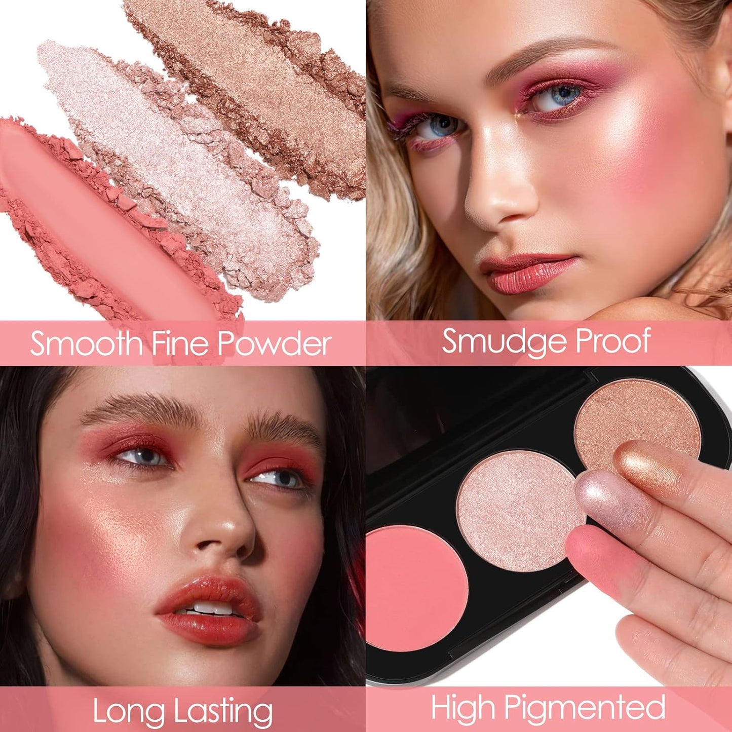 FOCALLURE Blush and Highlighter Palette,3 in 1 Makeup Powder, Cruelty-Free Matte, Shimmer Illuminator for a Glowing Look,#03
