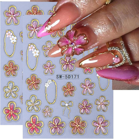 Flower Nail Stickers Decals 5D Embossed Flower Nail Decals Pink Five-Petaled Gold Floral Circle Spring Summer Nail Art Design Bow Tie Flowers Nail Adhesive Decals for DIY Nail Art Decorations 2Pcs