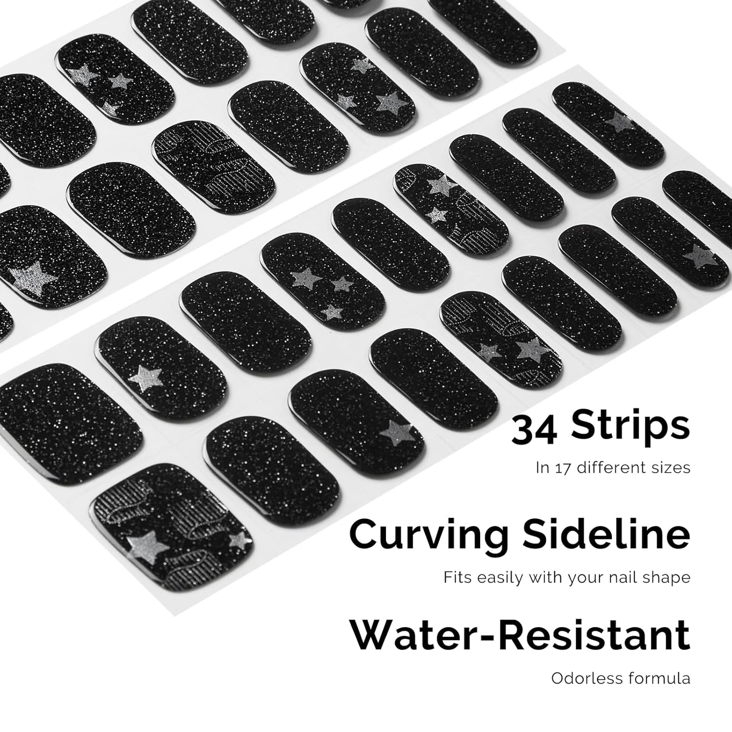 Semi Cured Gel Nail Strips - NAILOG 34 Pcs Gel Nail Stickers Buy 2 Get 1 UV Light | Long Lasting Nail Wraps with Glossy Gel Finish Black, Stardust