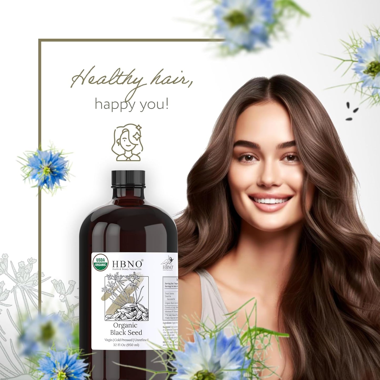 HBNO Organic Black Seed Oil - Huge 32oz (950ml) Glass Bottle Value Size - USDA Certified Organic Black Seed Oil, Cold Pressed for Face, Body, Lips, Shampoo & Conditioner