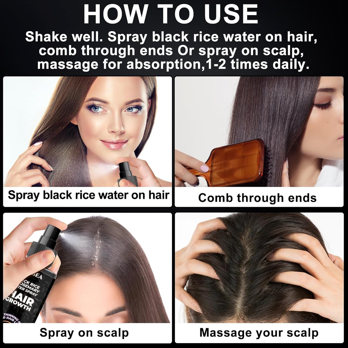 GIFBEA Organic Black Rice Water Hair Growth Serum Spray, 5 Fl Oz, Rosemary Scent, For All Hair Types, With Biotin, Castor Oil, Caffeine, Hair Loss Treatment