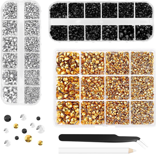 Morcheiong 17000Pcs Resin Rhinestones Gold Silver Black Flatback Crystals Diamond Includes Tweezers and Pickup Pen Suitable for Crafting DIY Nail Art Makeup Wedding Dress Clothing Mug